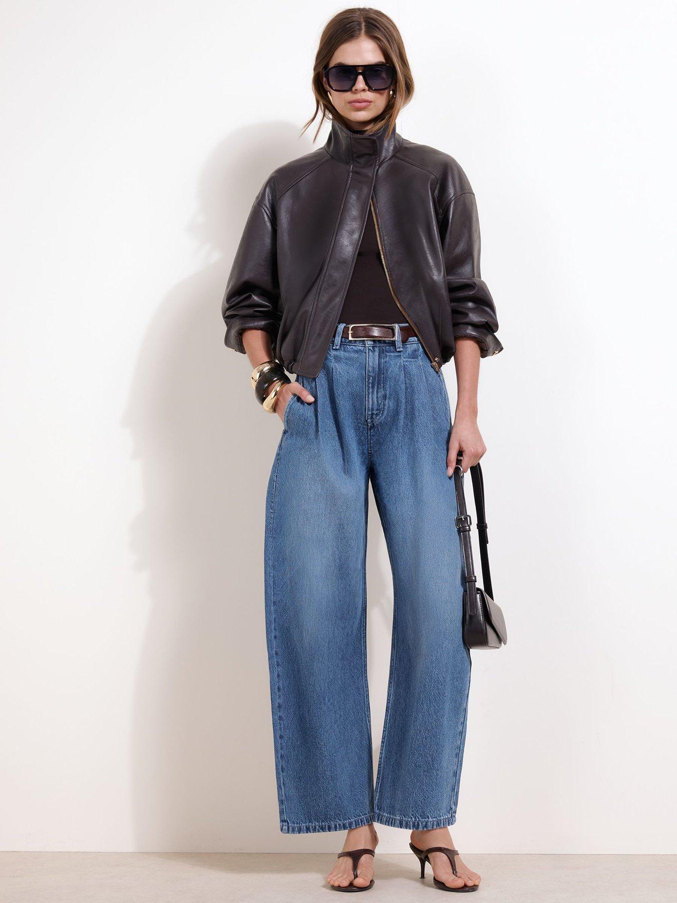 Image 3 of 5 of Friends Like These Mid Wash High Waisted Pleated Wide Leg Barrel Denim Jeans