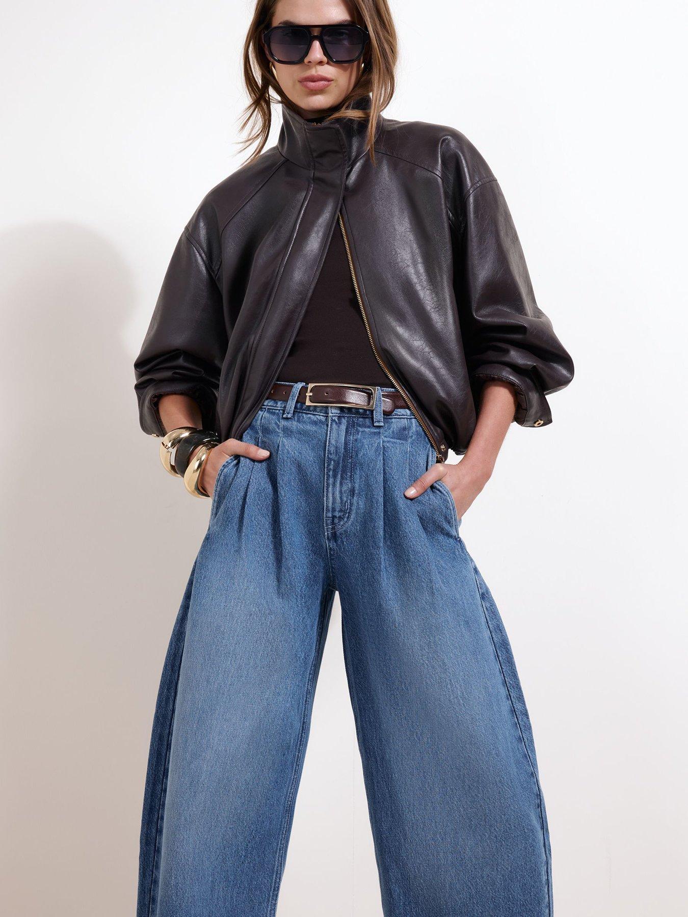 Image 4 of 5 of Friends Like These Mid Wash High Waisted Pleated Wide Leg Barrel Denim Jeans