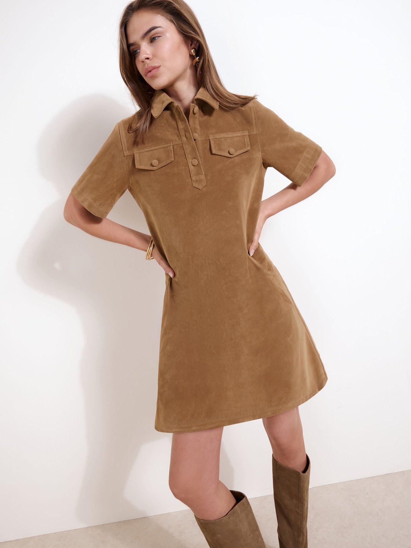Friends Like These Tan Brown Faux Suede Pocket A Line Mini Dress