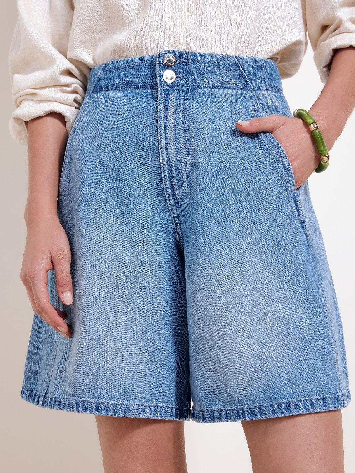 Friends Like These Mid Wash Double Button Denim A Line Longline Jort Shorts