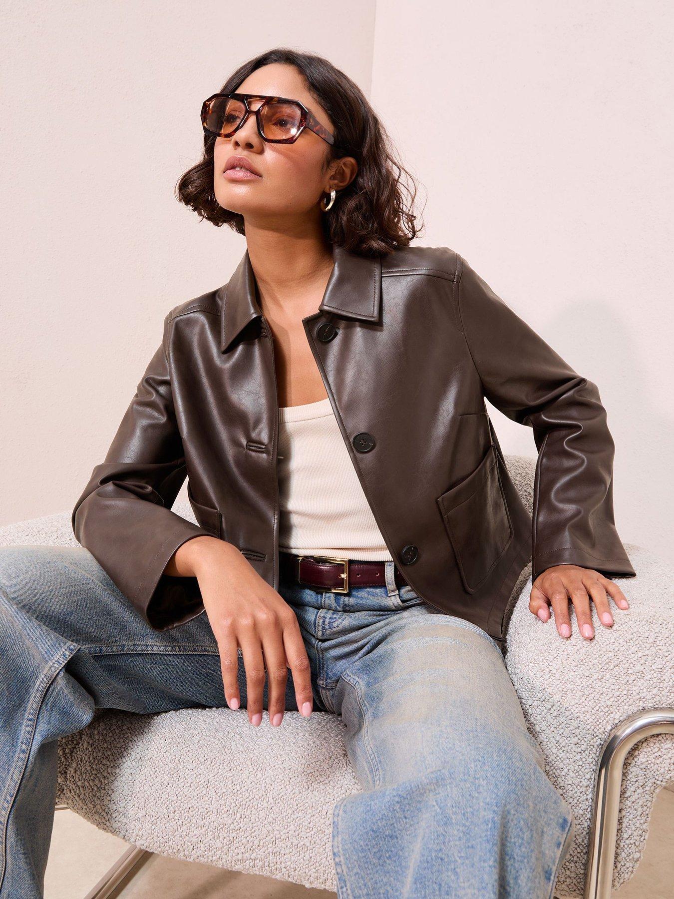 Friends Like These Faux Leather Cropped Collared Jacket - Brown