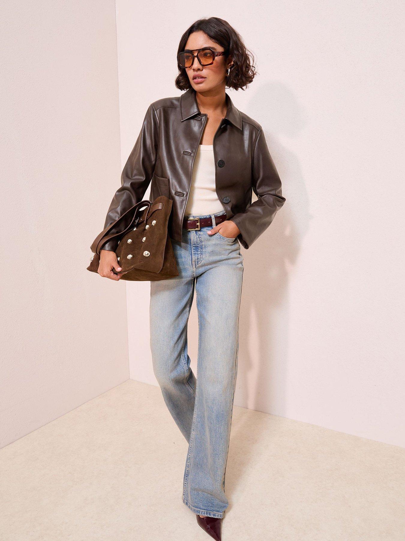 Image 3 of 4 of Friends Like These Chocolate Brown Faux Leather Short Collared Jacket