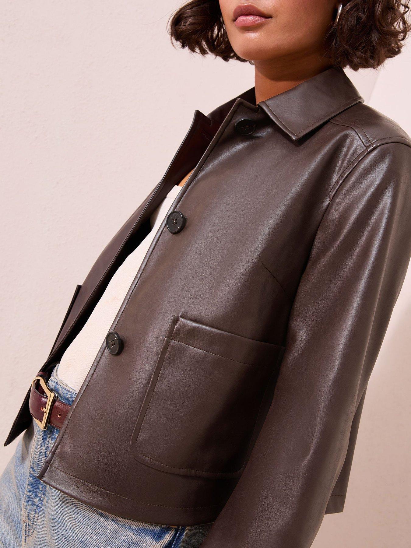 Image 4 of 4 of Friends Like These Chocolate Brown Faux Leather Short Collared Jacket