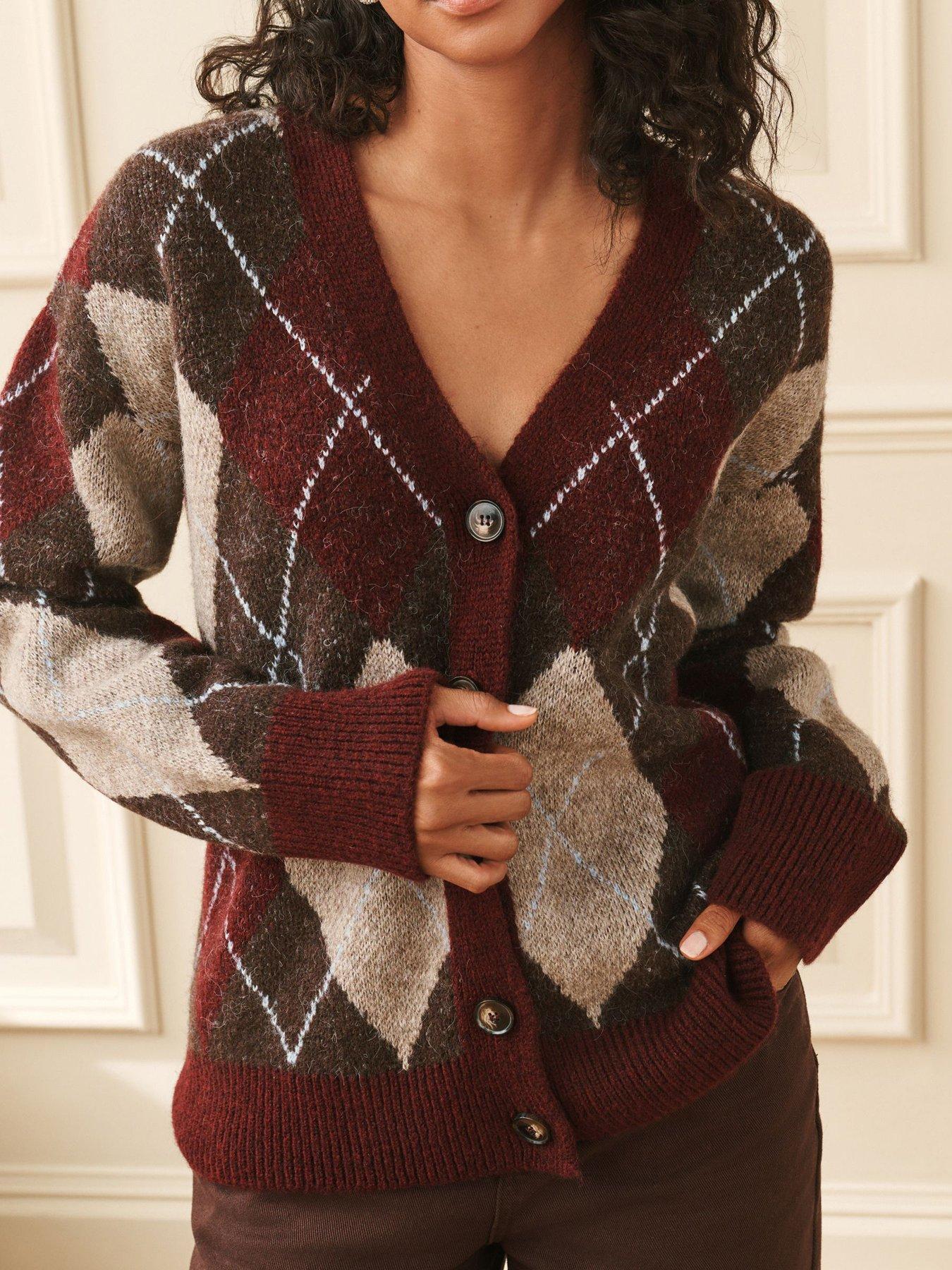 Image 1 of 6 of Laura Ashley Argyle V-neck Boyfriend Cardigan - Multi