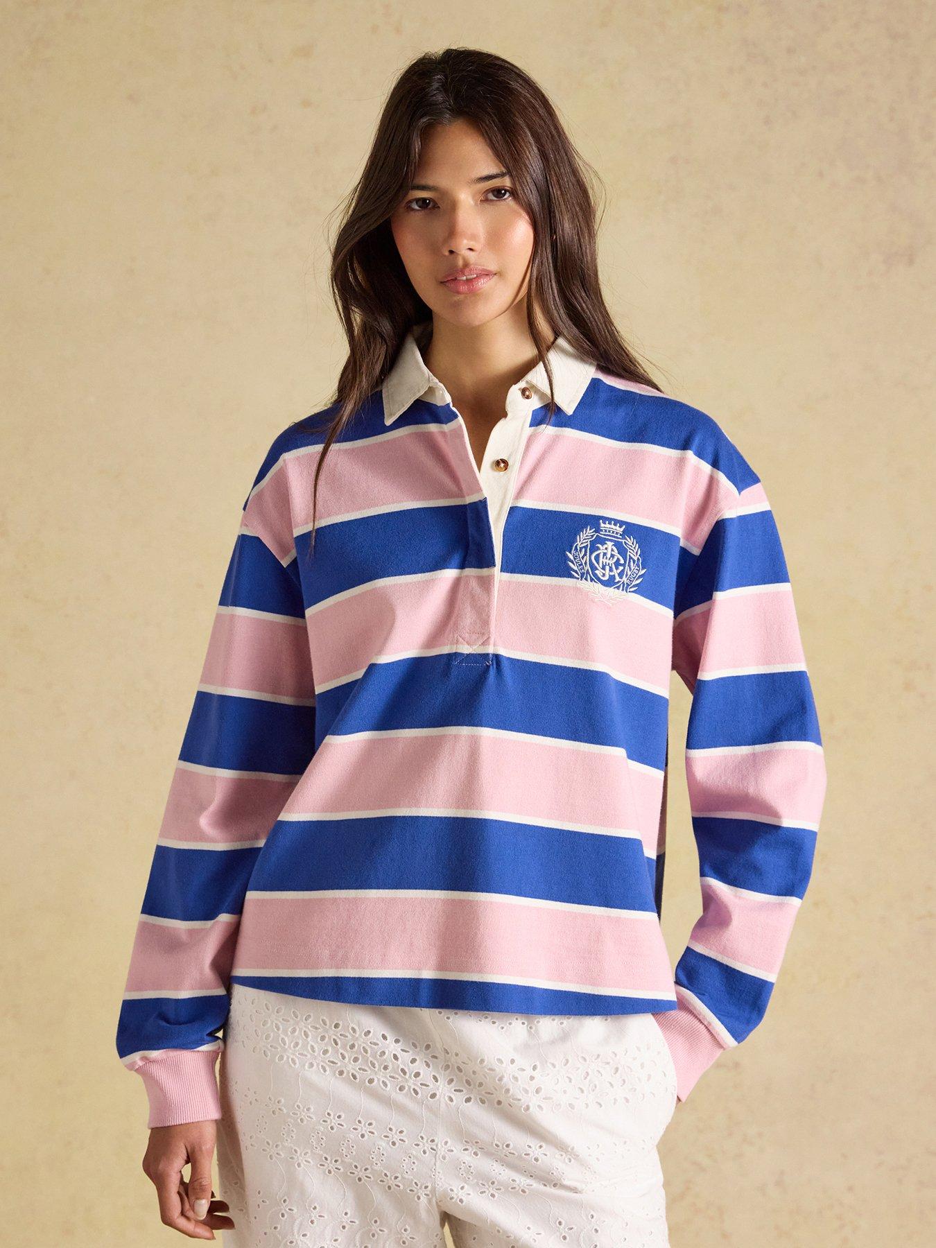 Joules Women's Striped Cotton Collared Long Sleeve Rugby Shirt - Pink  &  Blue