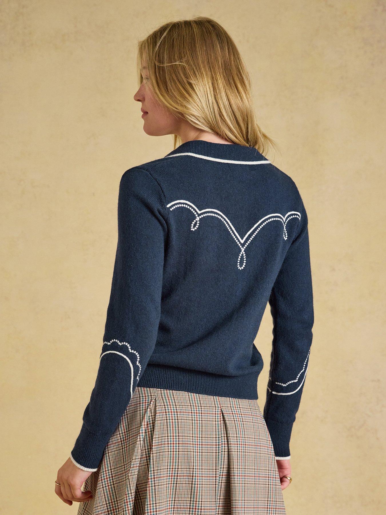 Image 2 of 7 of Joules Women's Western Collar Knit Top with Embroidered Yoke Detail - Navy