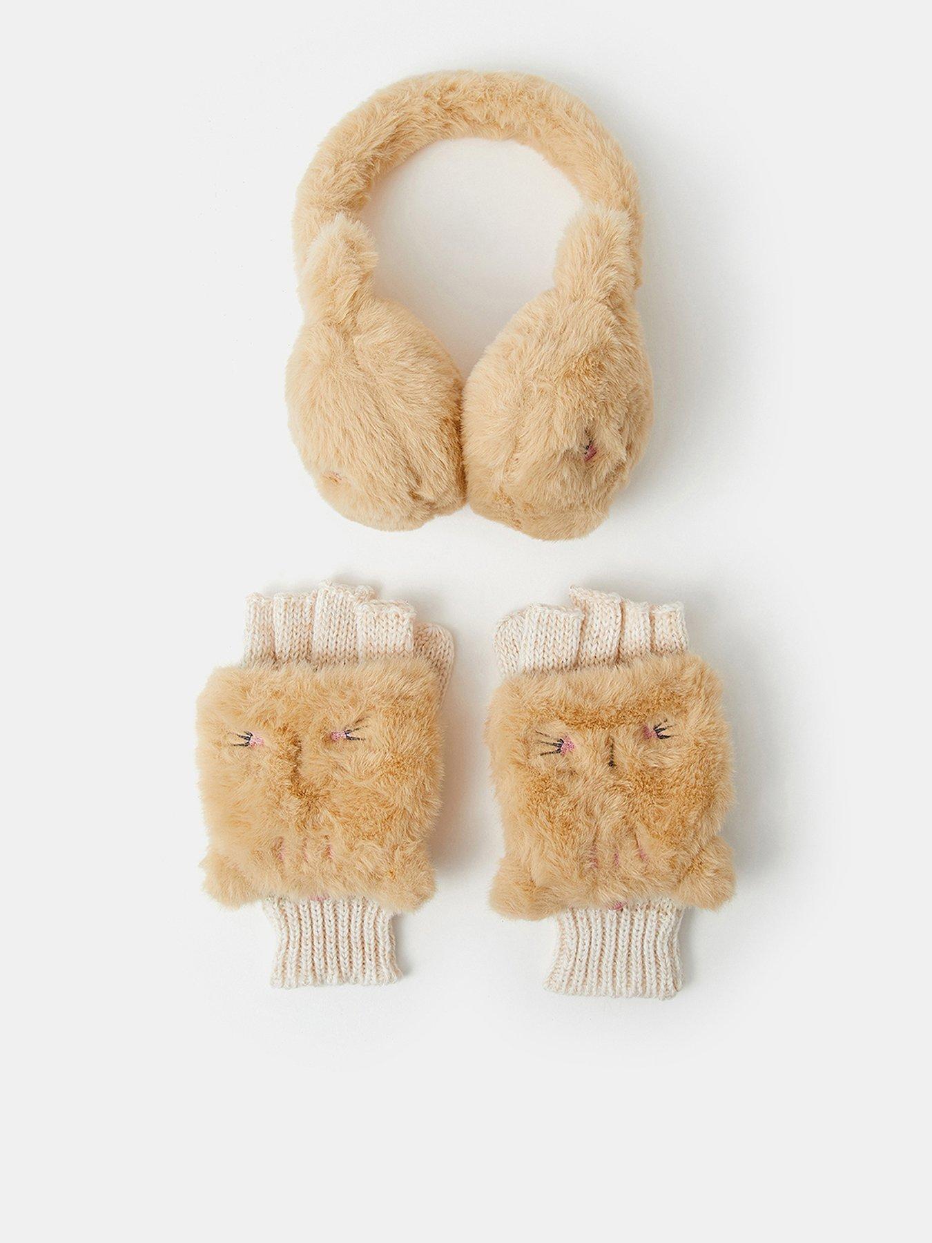 Image 1 of 3 of Accessorize Girls Fluffy Cat Earmuff &amp; Gloves Set - Beige