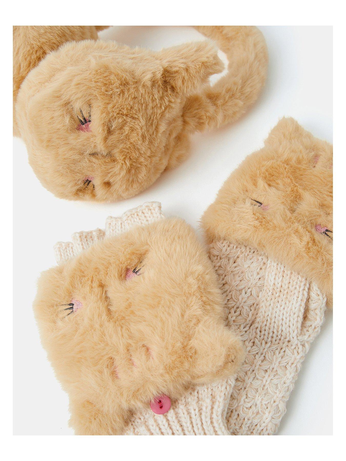 Image 2 of 3 of Accessorize Girls Fluffy Cat Earmuff &amp; Gloves Set - Beige