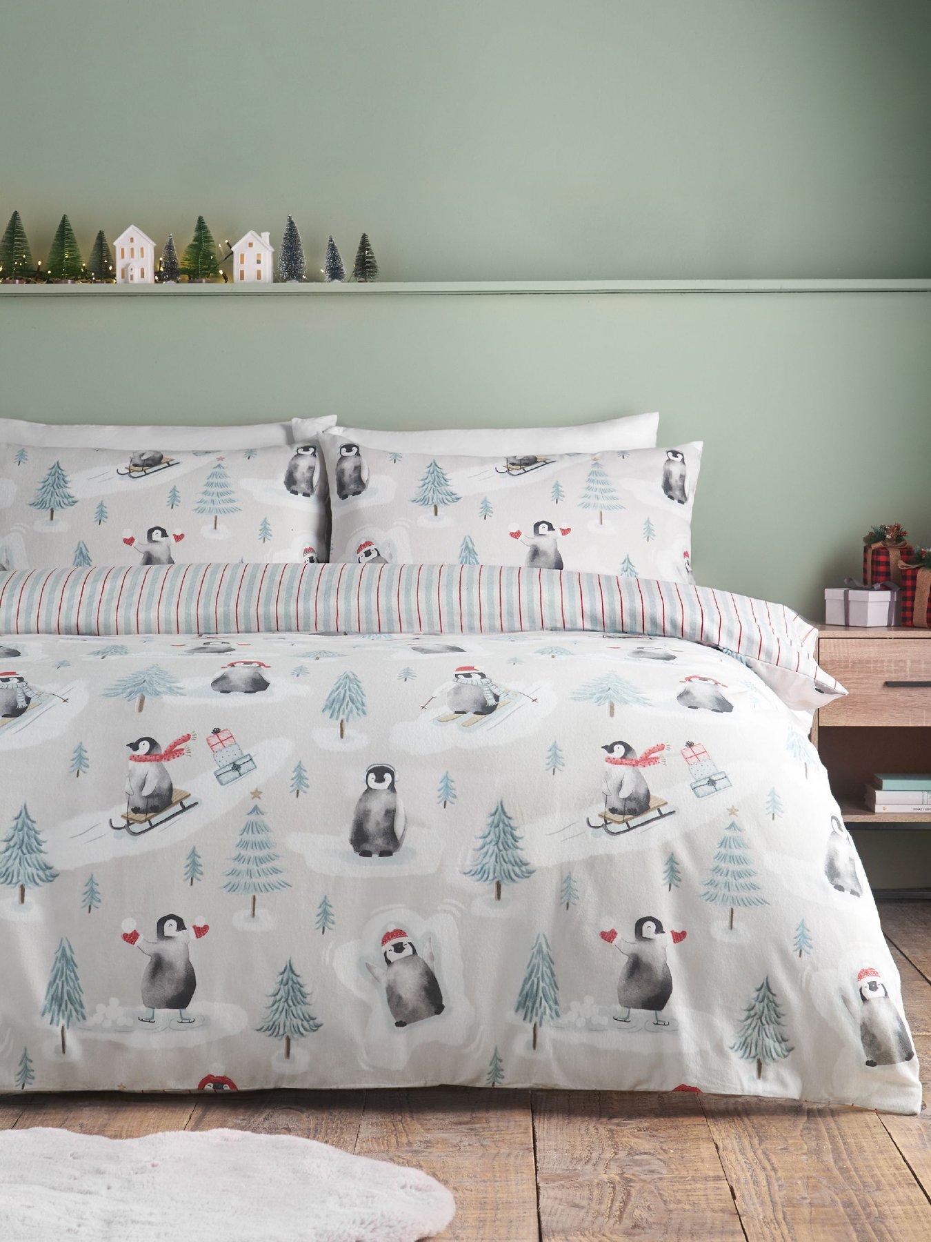 Catherine Lansfield Brushed 100% Cotton Christmas Penguins Duvet Cover Set