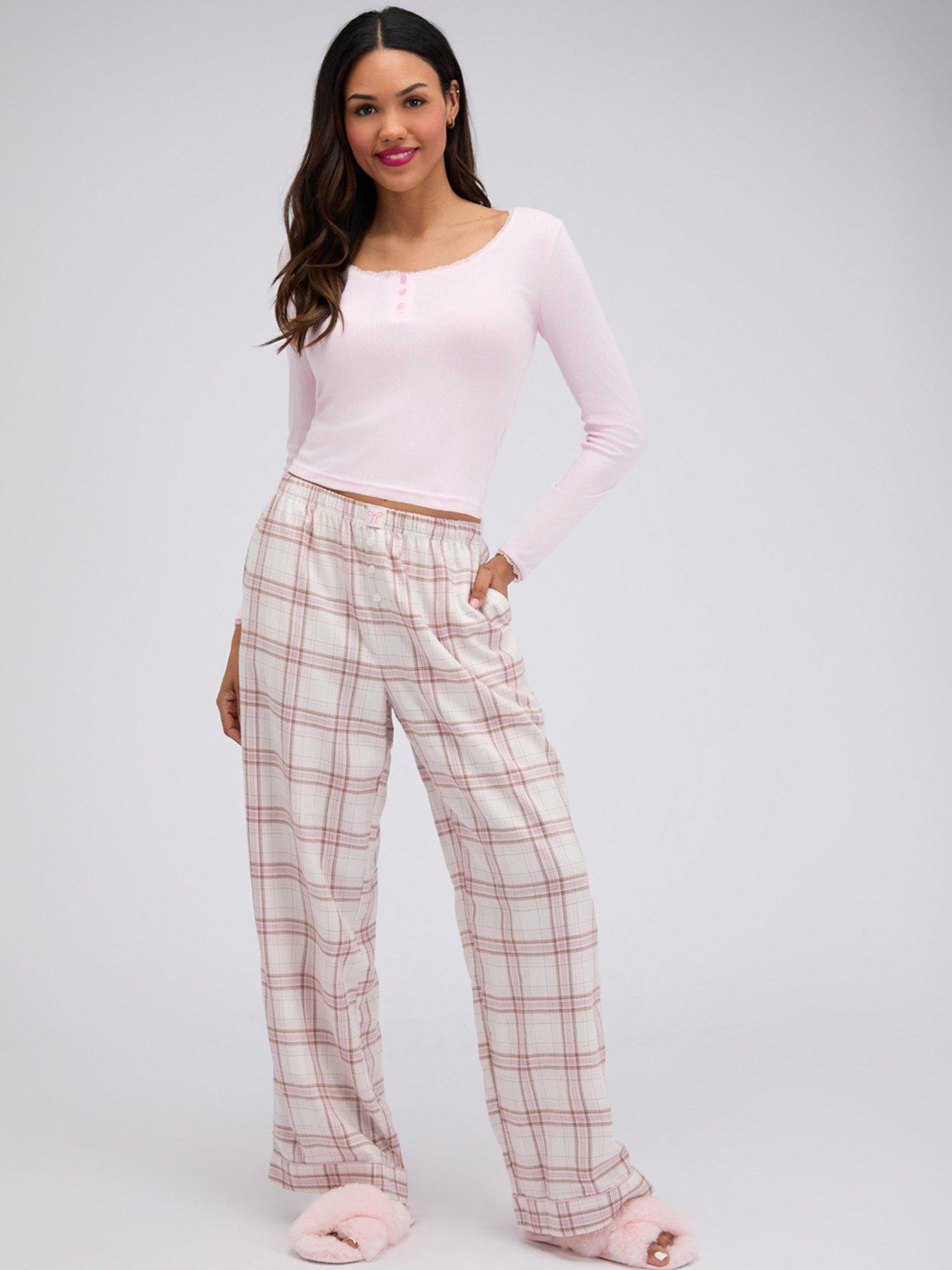 Boux Avenue Pointelle Top  &  Check Woven Pj - Pink Mix