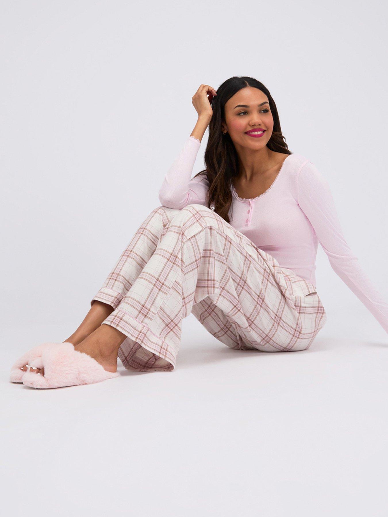 Image 3 of 7 of Boux Avenue Pointelle Top &amp; Check Woven Pj - Pink Mix