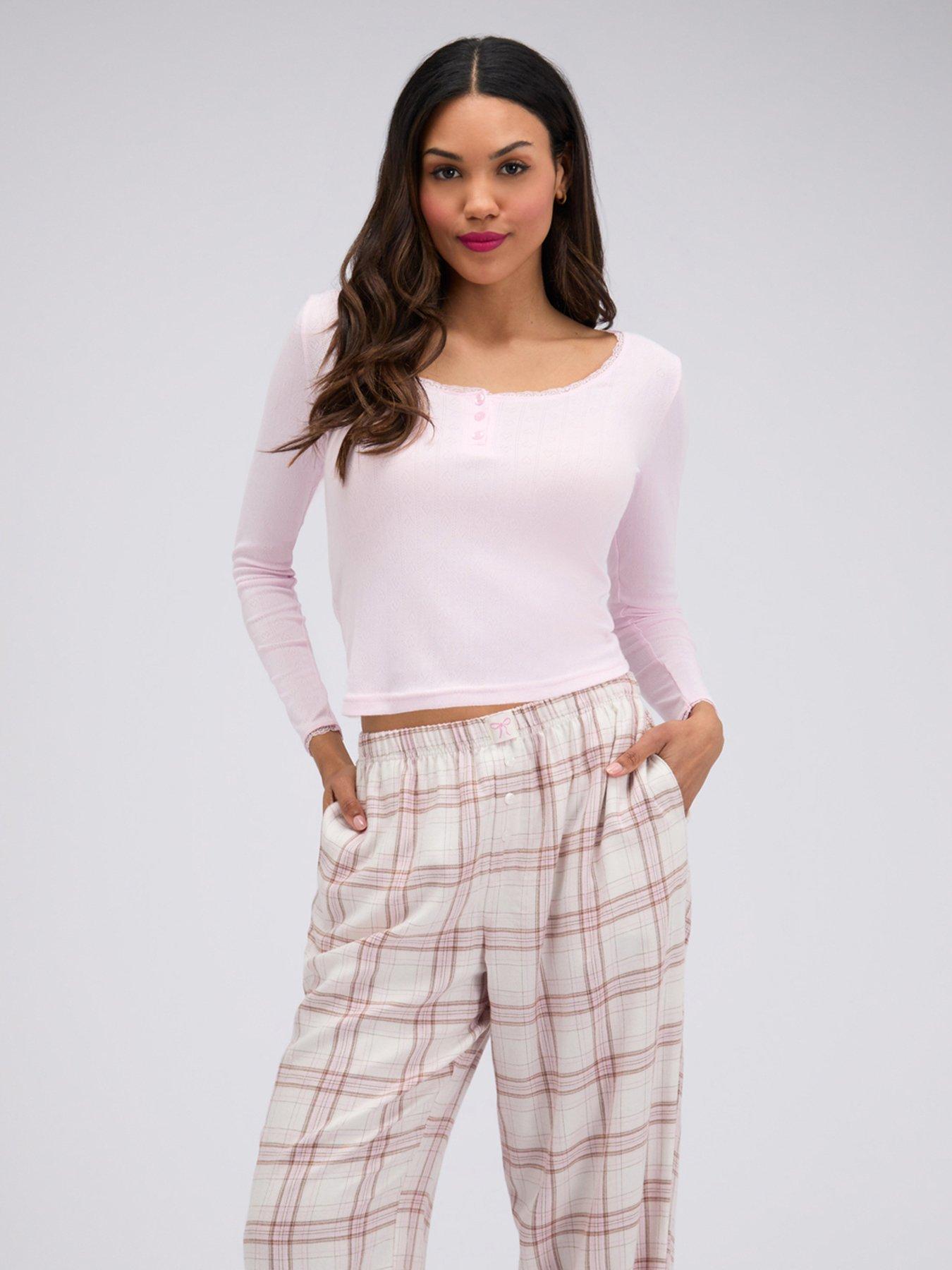 Image 4 of 7 of Boux Avenue Pointelle Top &amp; Check Woven Pj - Pink Mix