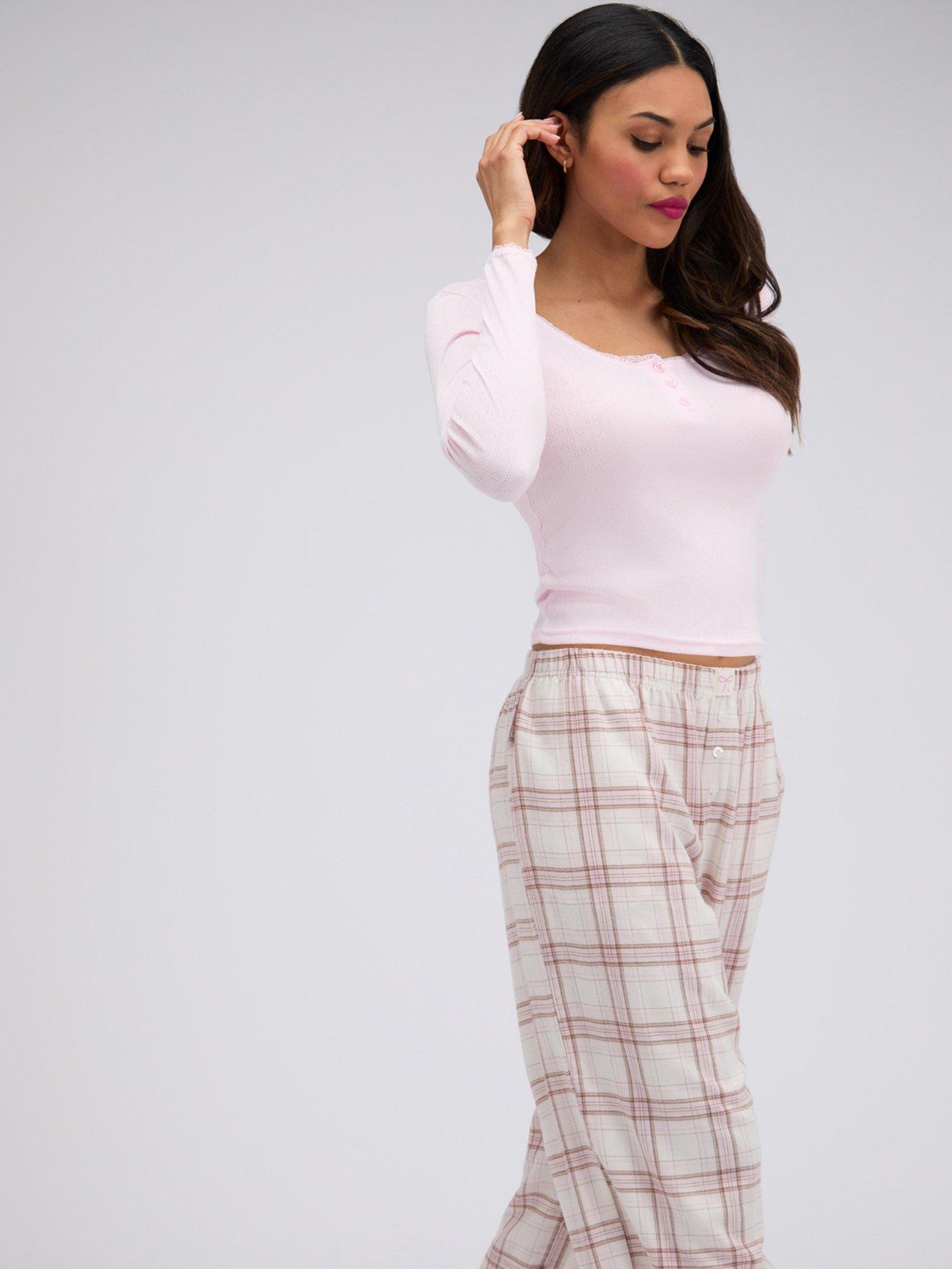 Image 5 of 7 of Boux Avenue Pointelle Top &amp; Check Woven Pj - Pink Mix