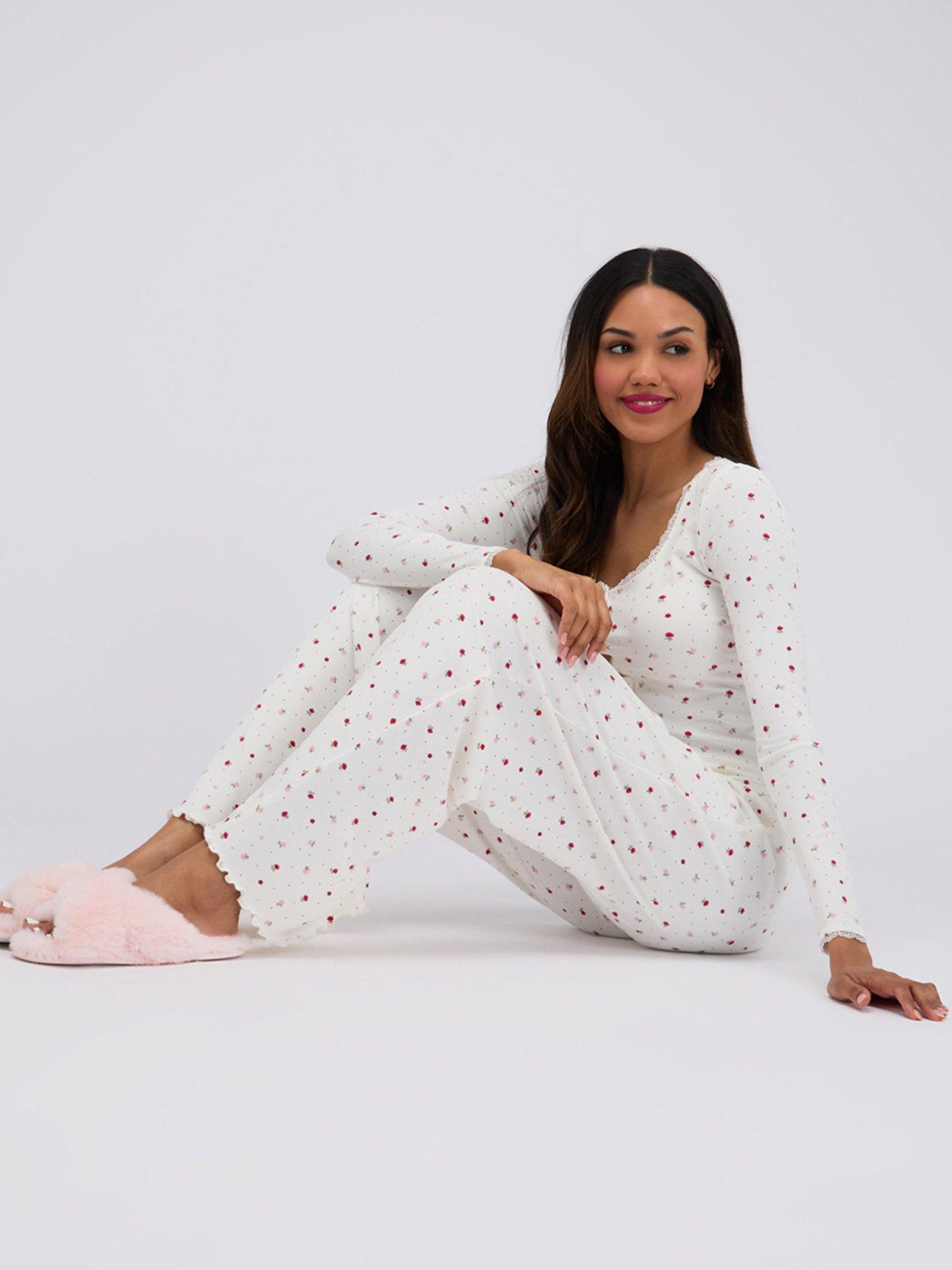 Image 3 of 6 of Boux Avenue Floral Rib Pyjama Set - Ivory Mix