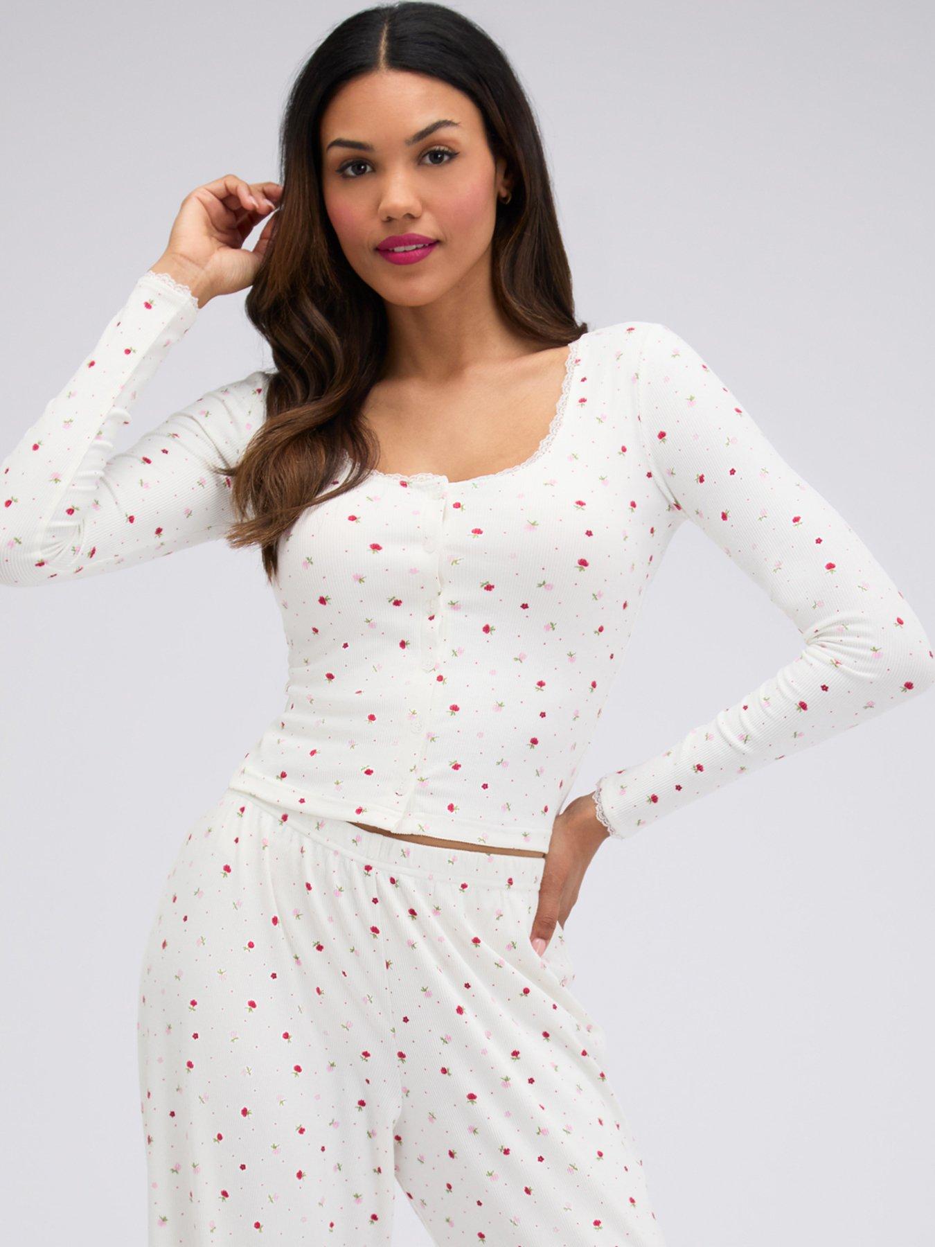 Image 4 of 6 of Boux Avenue Floral Rib Pyjama Set - Ivory Mix