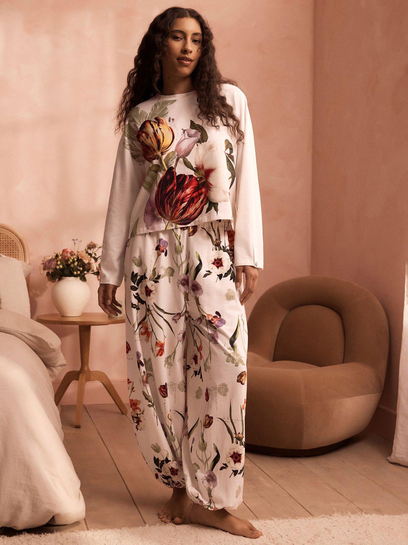 Image 1 of 5 of B By Ted Baker Floral Print Long Sleeve Pyjama Set - Cream