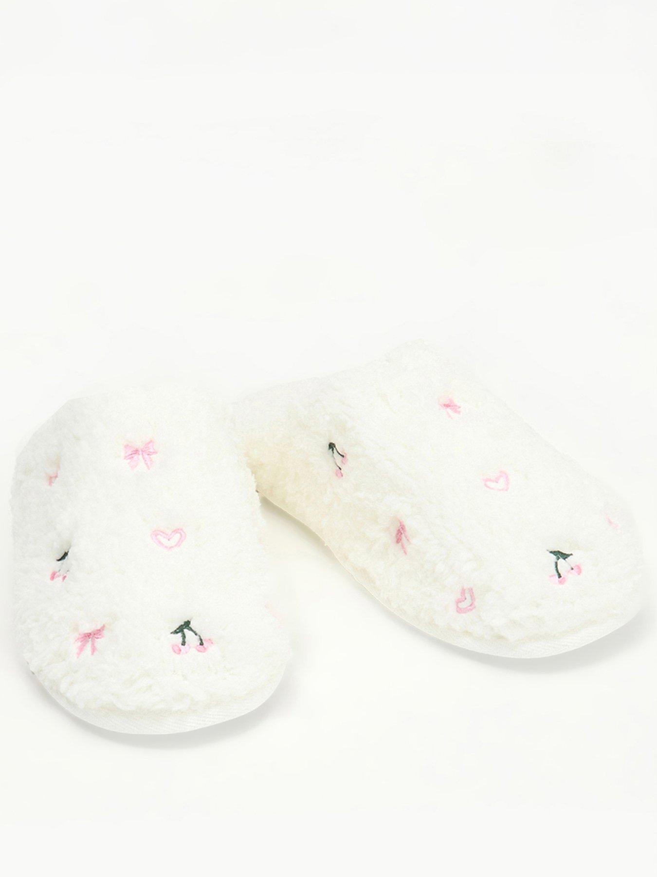 Image 1 of 6 of Boux Avenue Bow &amp; Cherry Emb Borg Mule Slippers- Ivory Mix