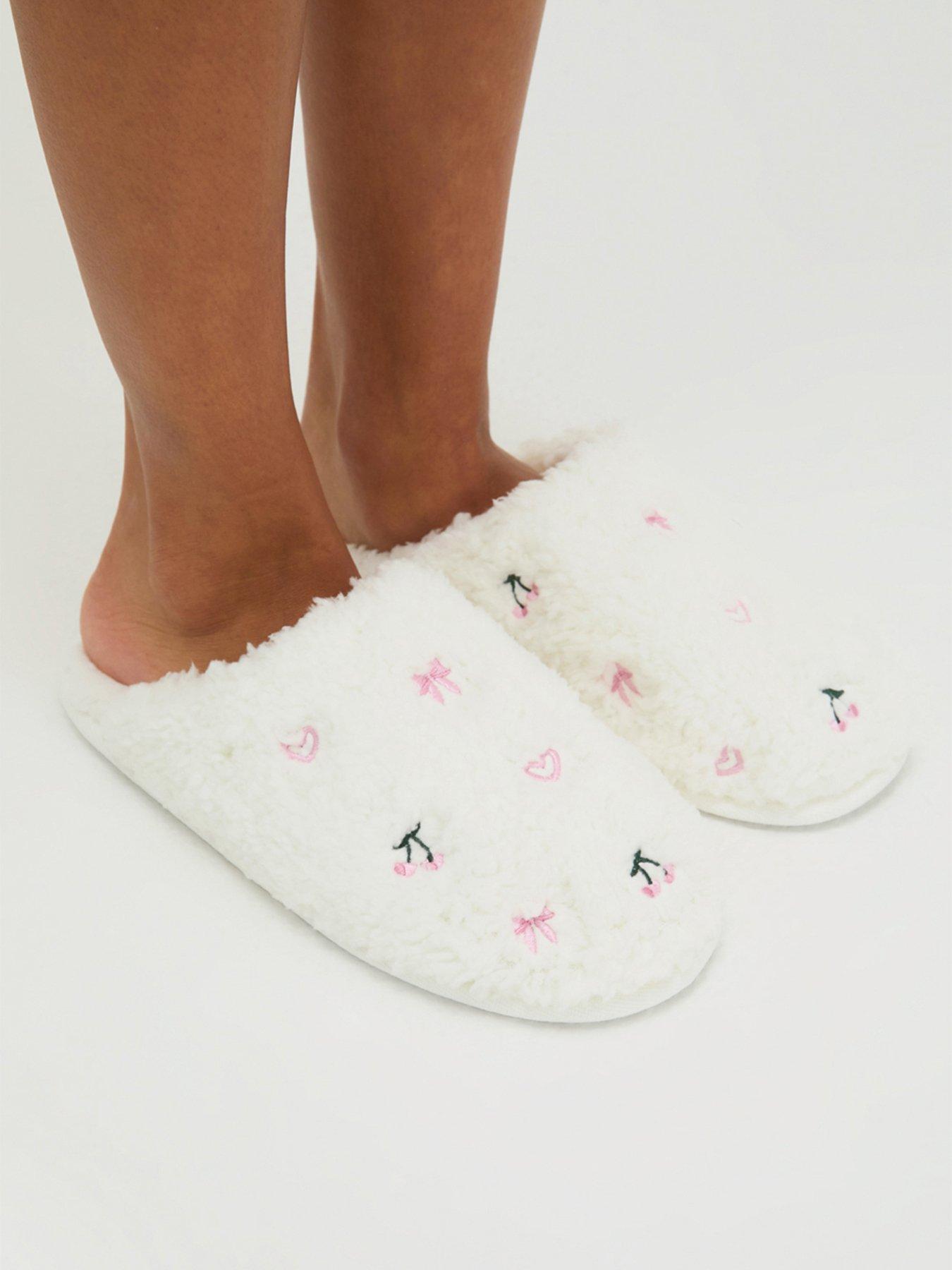 Image 5 of 6 of Boux Avenue Bow &amp; Cherry Emb Borg Mule Slippers- Ivory Mix