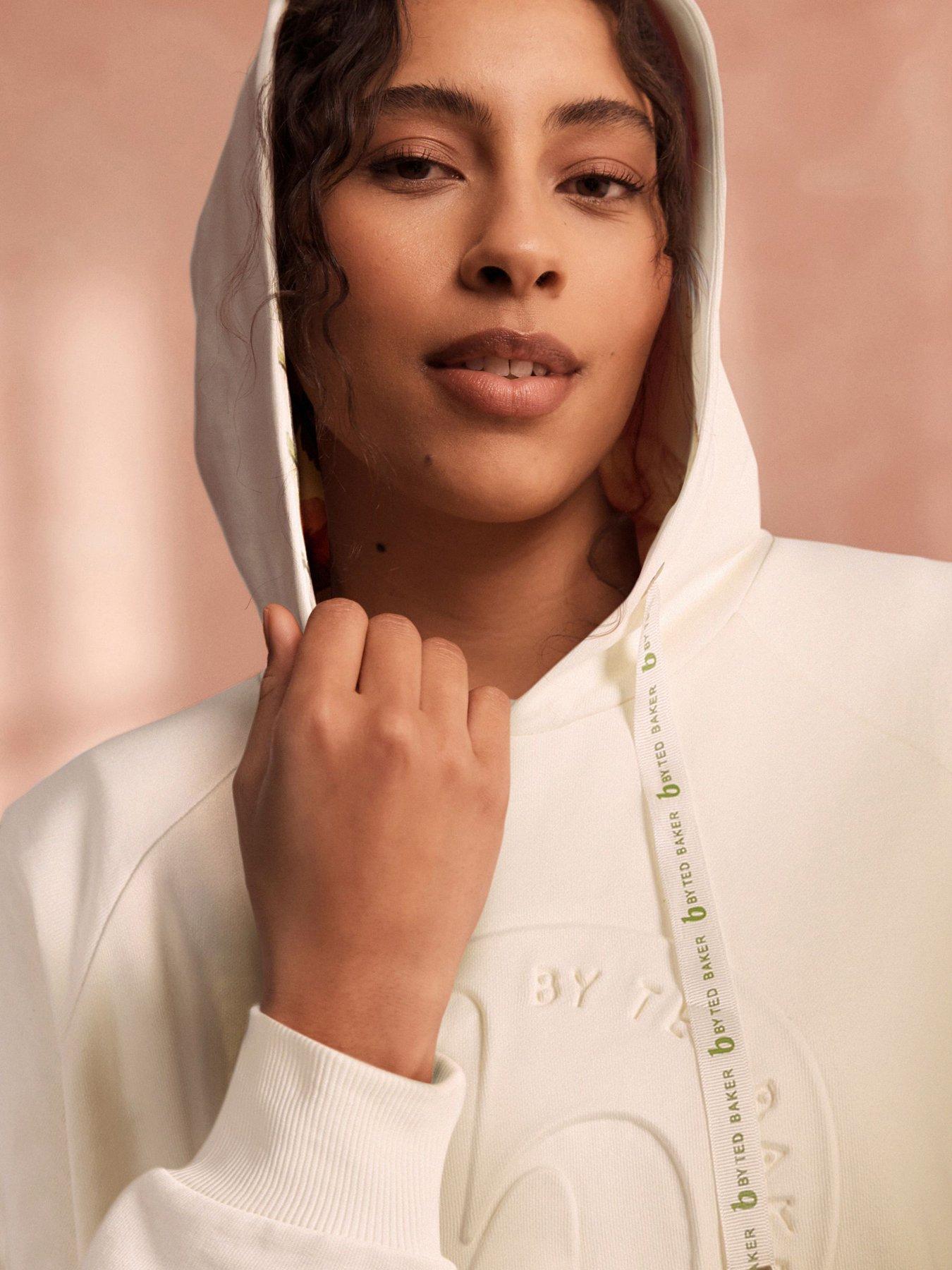 Image 4 of 5 of B By Ted Baker Embossed Logo Hooded Lounge Sweatshirt Dress - Cream