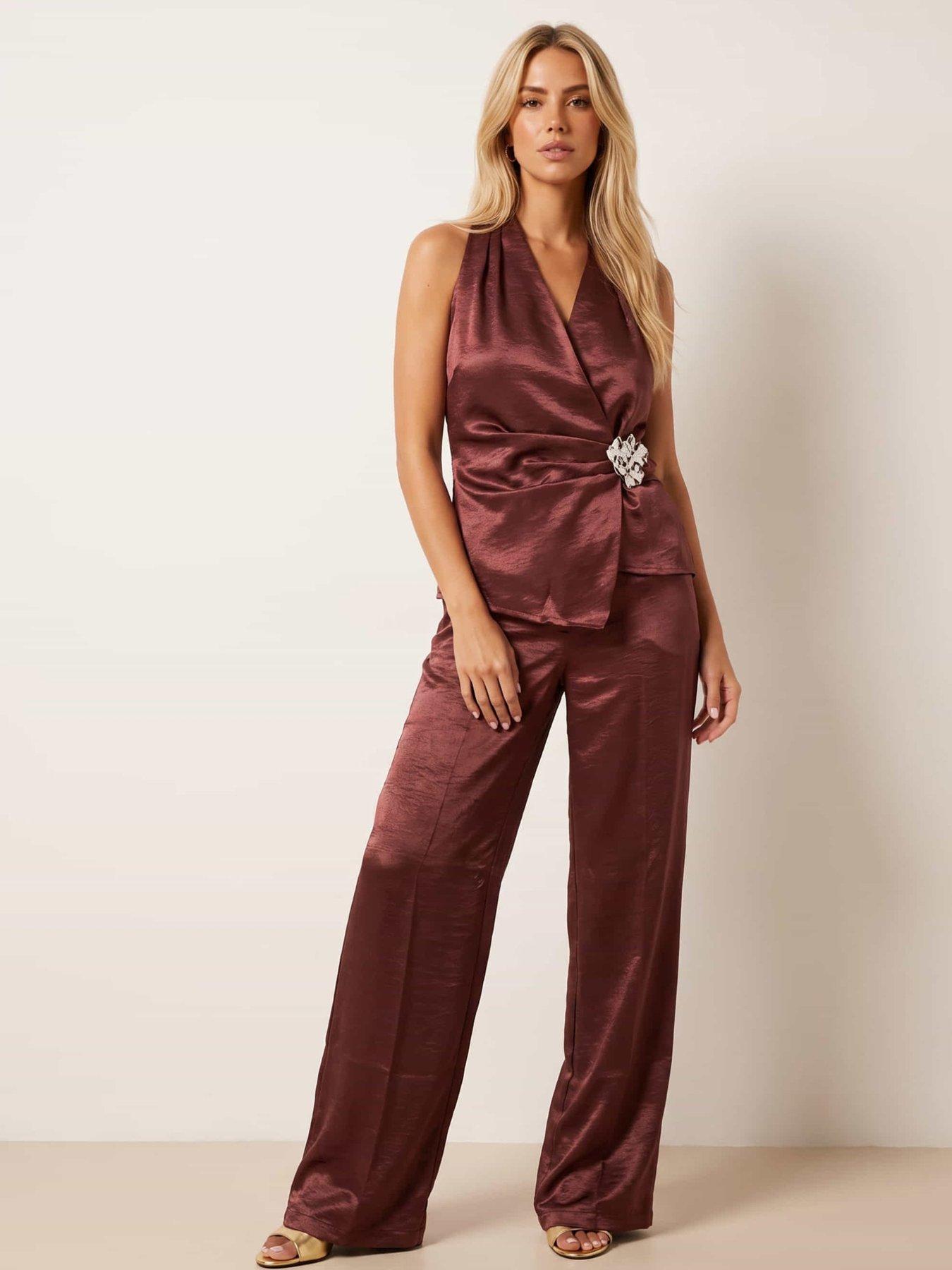 Image 4 of 5 of Style Cheat Womens Trim Wrap Halterneck Satin Blouse - Red
