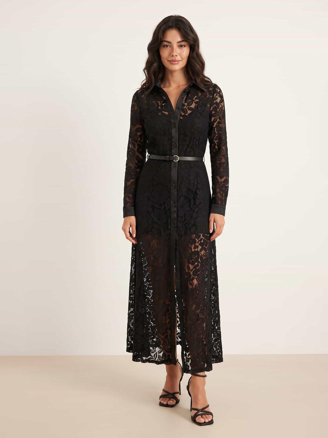 Image 1 of 4 of Style Cheat Womens Lace Belted Midi Shirt Dress - Black