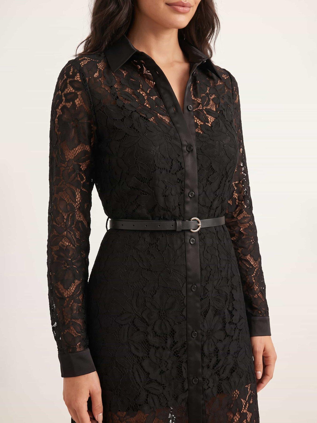 Image 4 of 4 of Style Cheat Womens Lace Belted Midi Shirt Dress - Black
