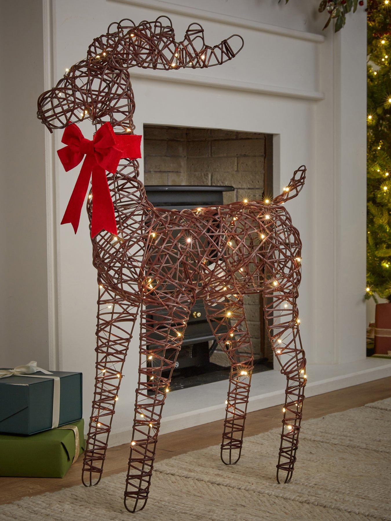 Festive Lit Reindeer With Red Bow - 80 Warm White Micro Led - Lead Length 30cm - 80cm Battery Operated