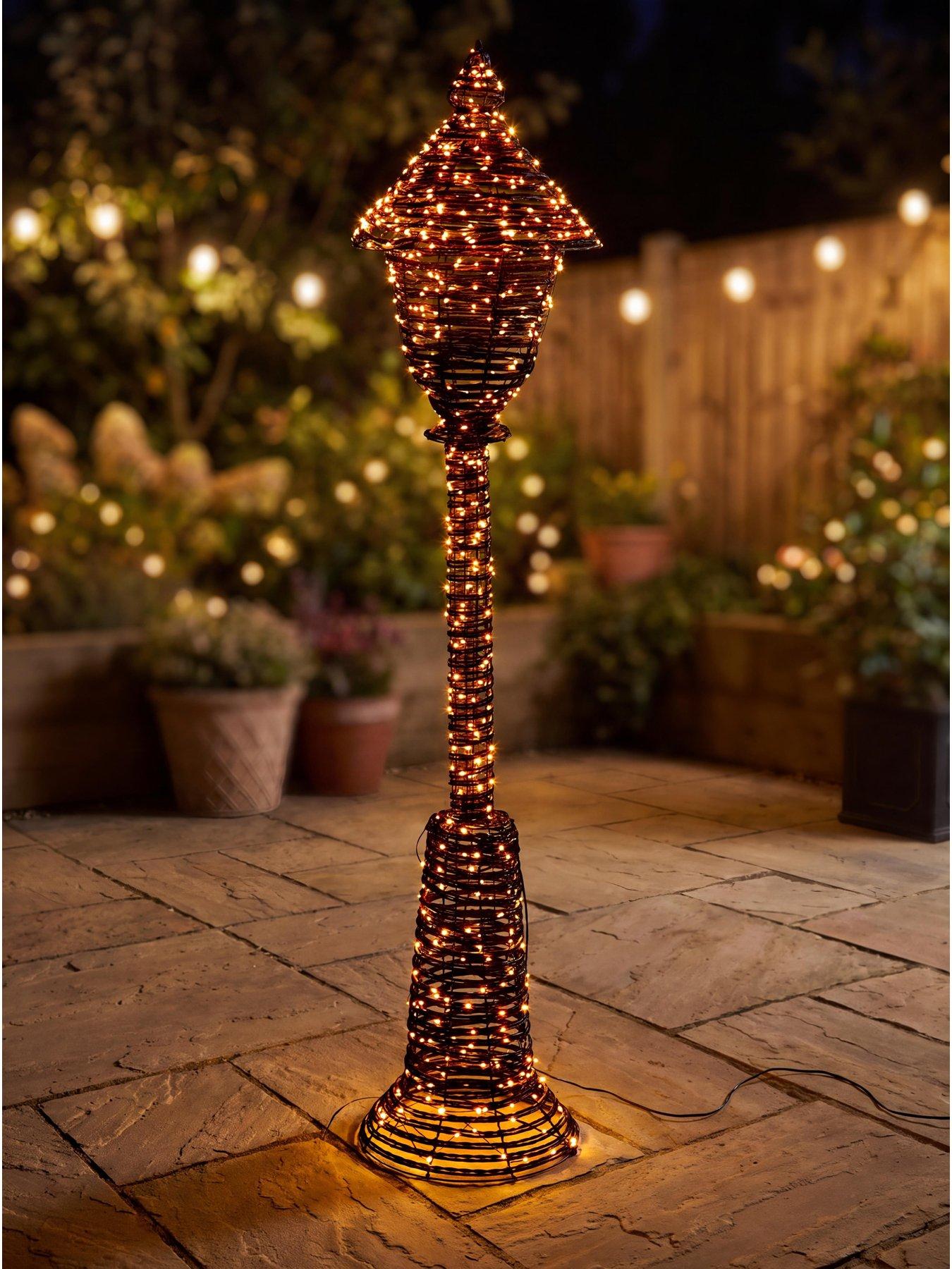 Festive Lit Faux Rattan Lamp Post - Warm White