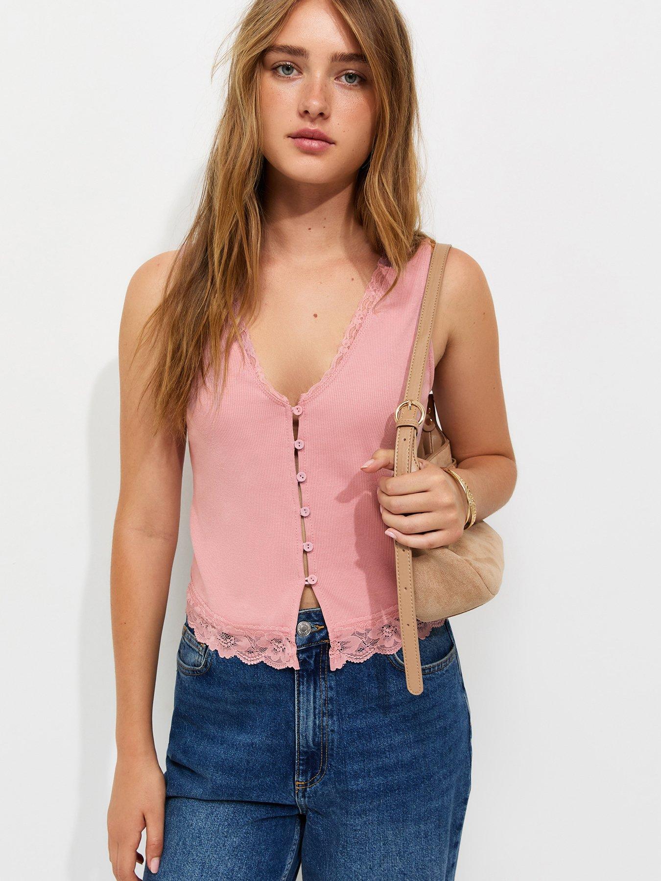 New Look Lace Trim Button Up Ribbed Vest - Pink