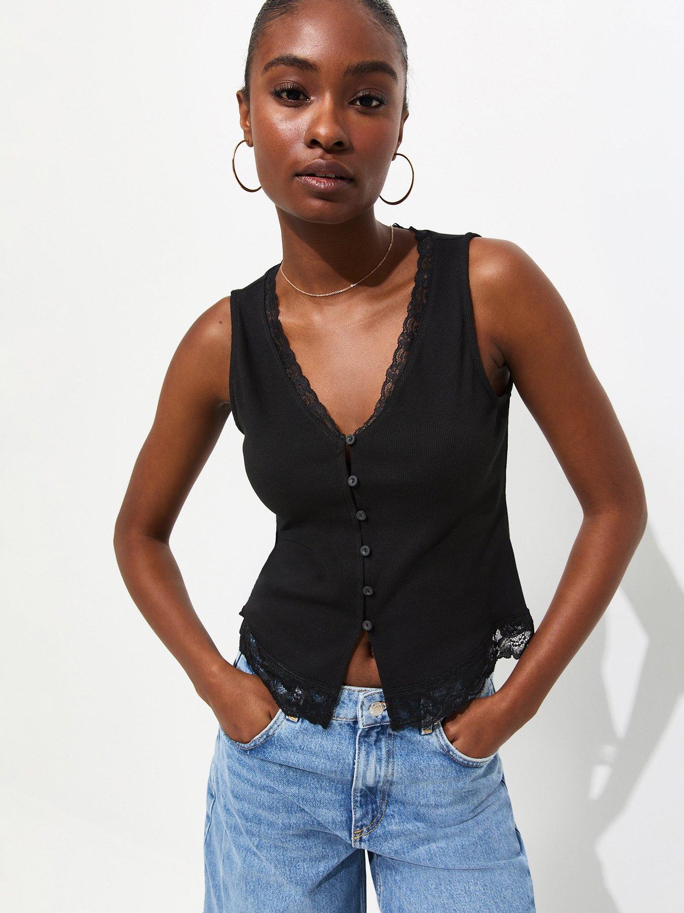 New Look Lace Trim Button Up Ribbed Vest - Black