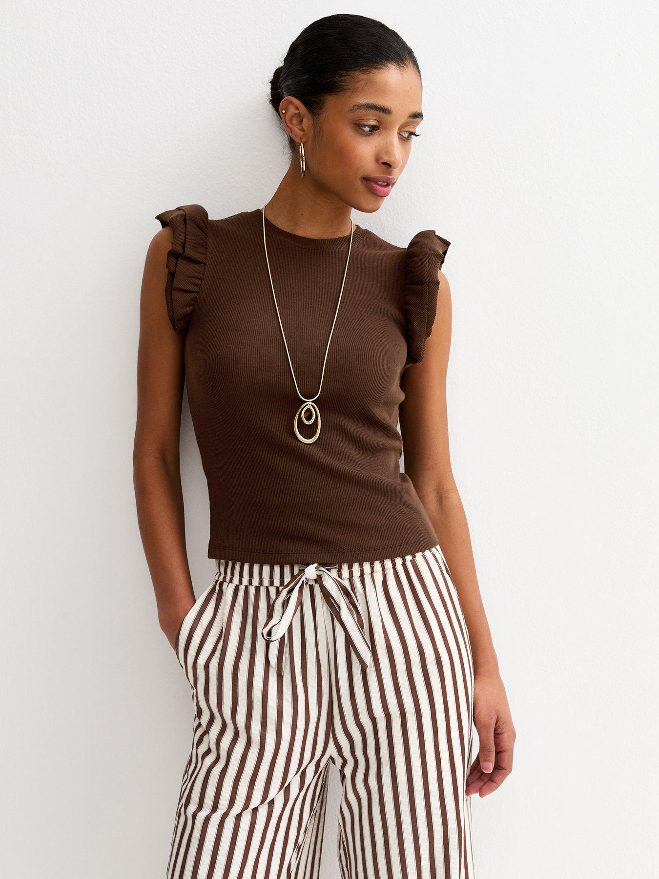 Image 1 of 5 of New Look Frill Sleeve Top - Brown