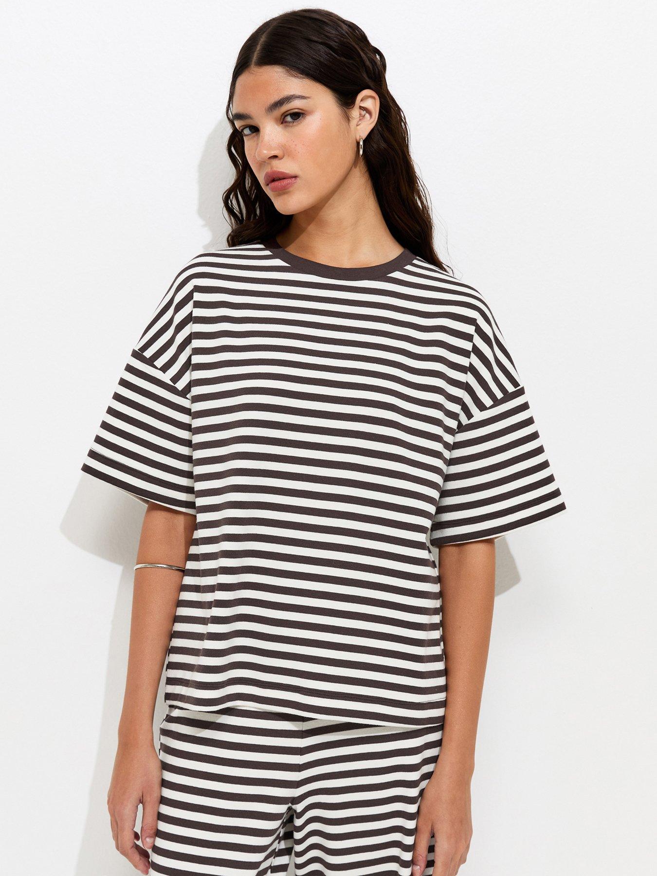 New Look Cotton Rich Striped Oversized Boxy Co-Ord T-Shirt - Brown