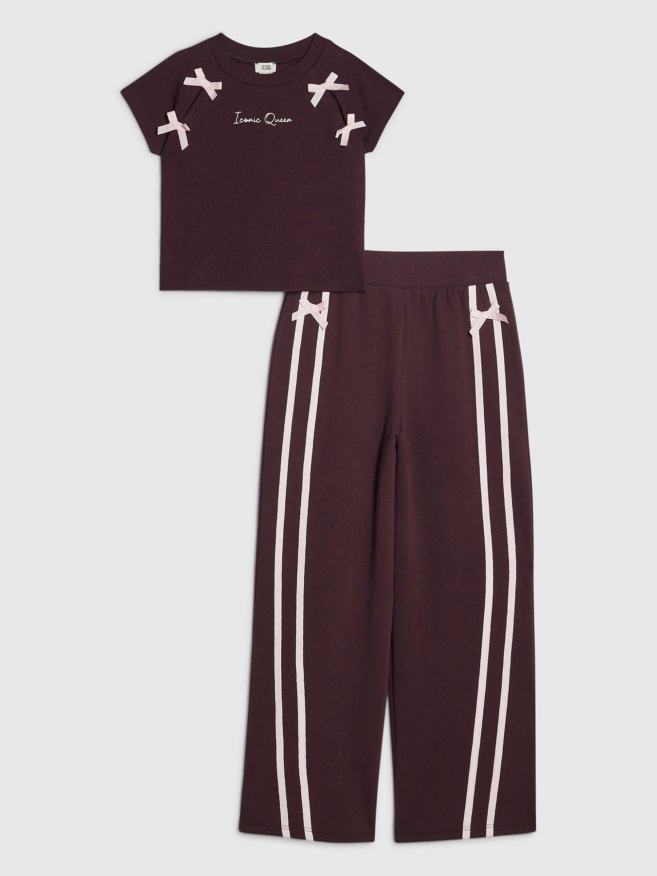 Image 1 of 5 of River Island Girls Bow Wide Leg Joggers Set - Burgundy - Red