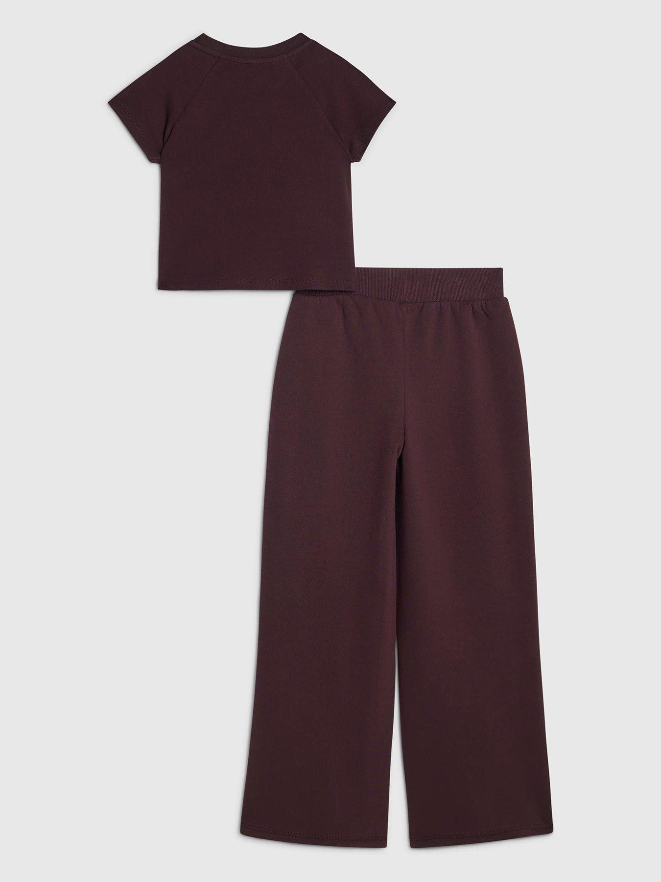 Image 2 of 5 of River Island Girls Bow Wide Leg Joggers Set - Burgundy - Red