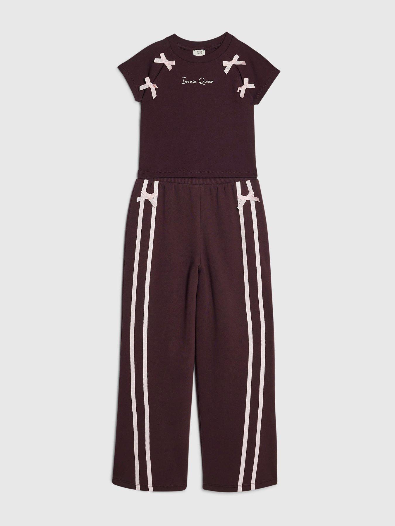 Image 3 of 5 of River Island Girls Bow Wide Leg Joggers Set - Burgundy - Red