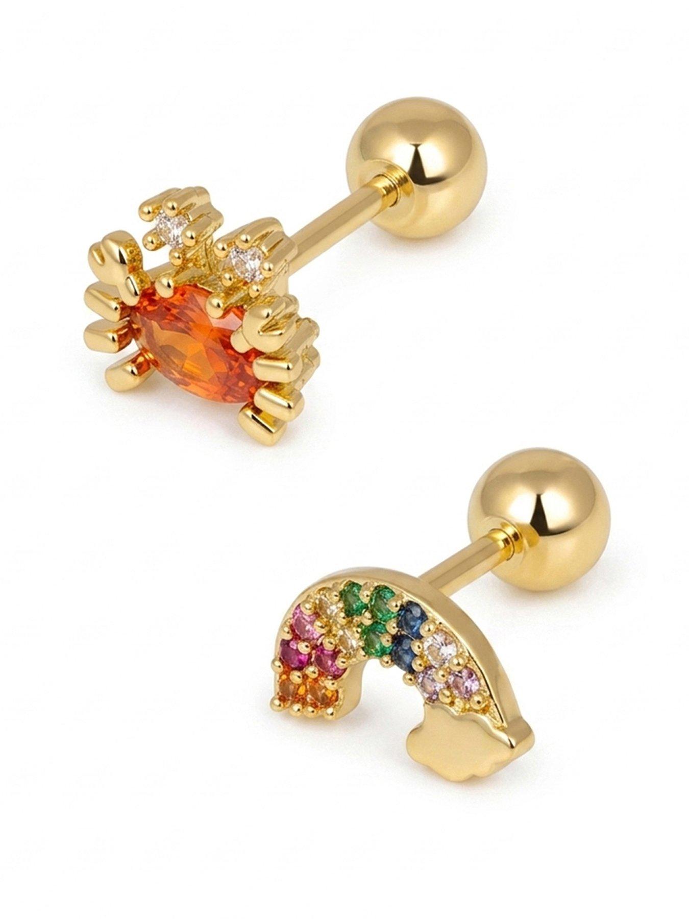 The Love Collection Gold Plated Brass Orange Crab and Rainbow CZ Screw Back Earrings Set of 2