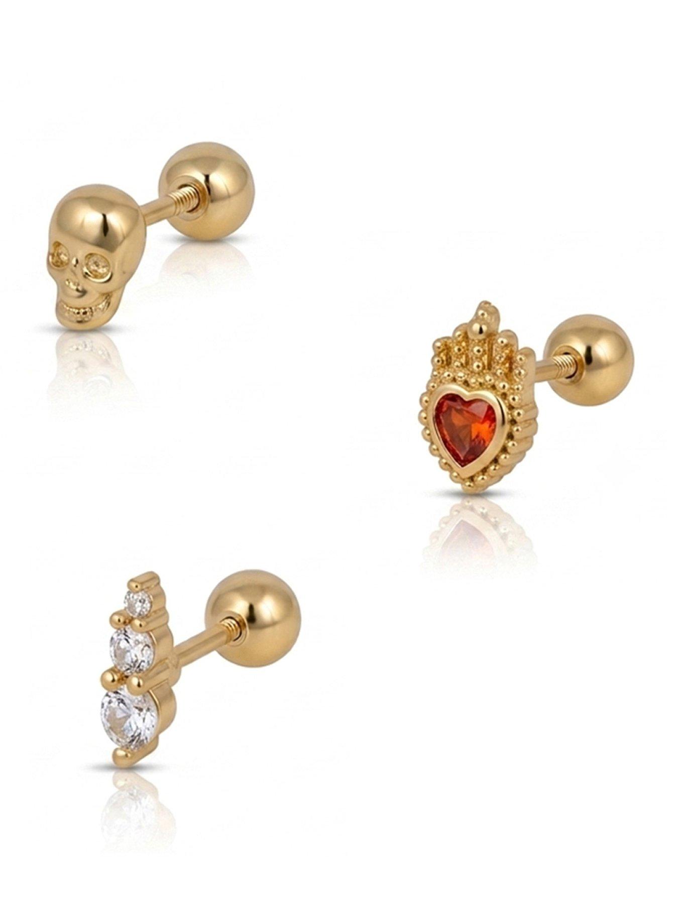 The Love Collection Gold Plated Brass Skull, Heart and Dagger CZ Screw Back Earrings Set of 3