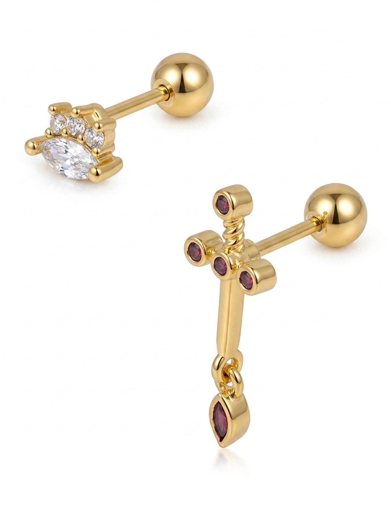 The Love Collection Gold Plated Brass Pink Cross and CZ Screw Back Earrings Set of 2