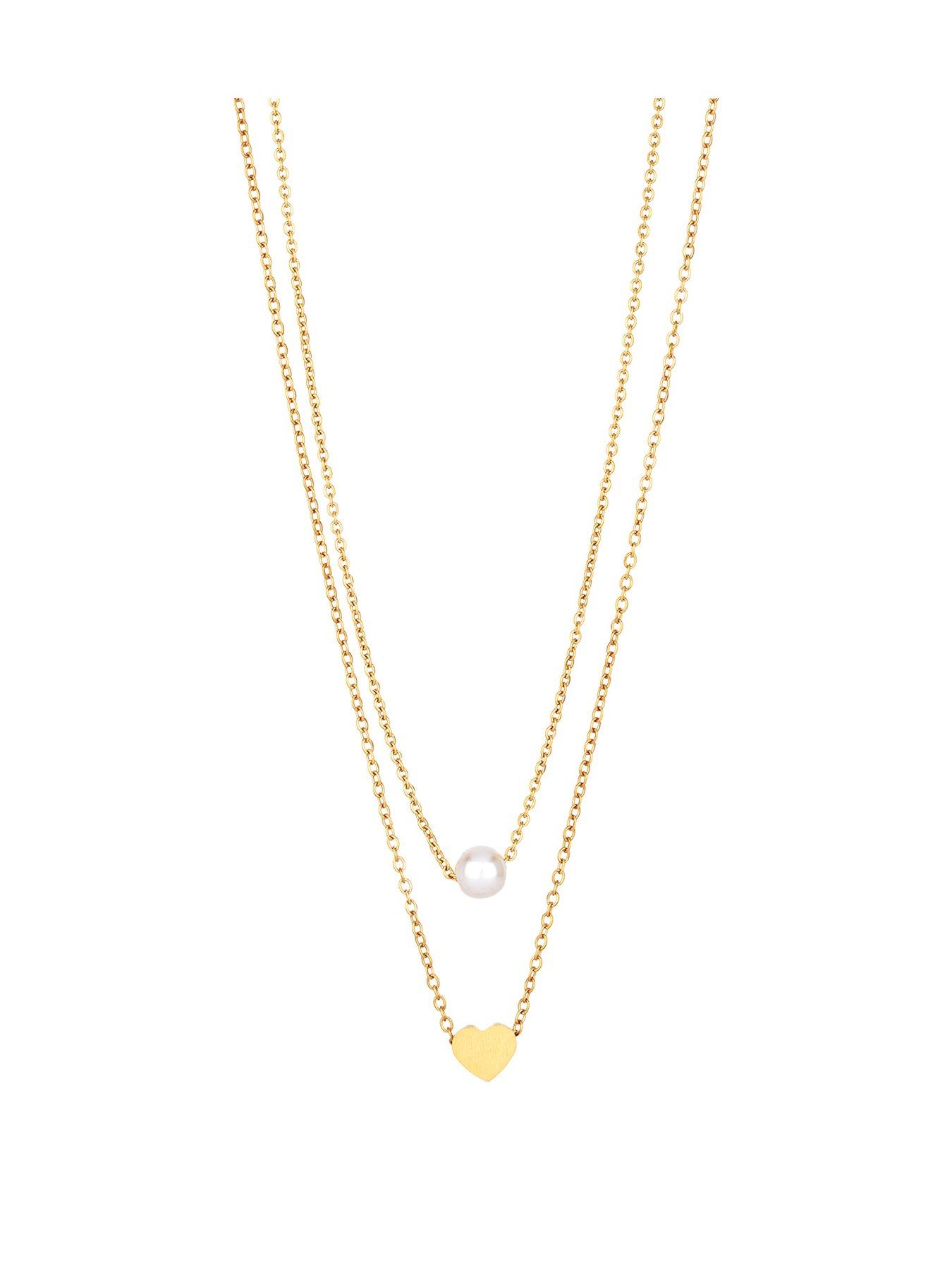 The Love Collection Gold Plated Stainless Steel Pearl & Heart Double Necklace