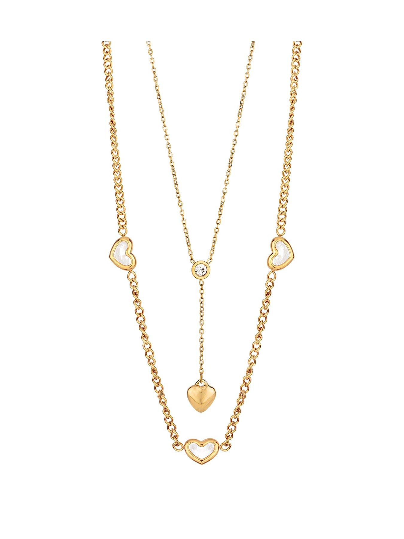 The Love Collection Gold Plated Stainless Steel Mother of Pearl and CZ Lariat Heart Necklace Set