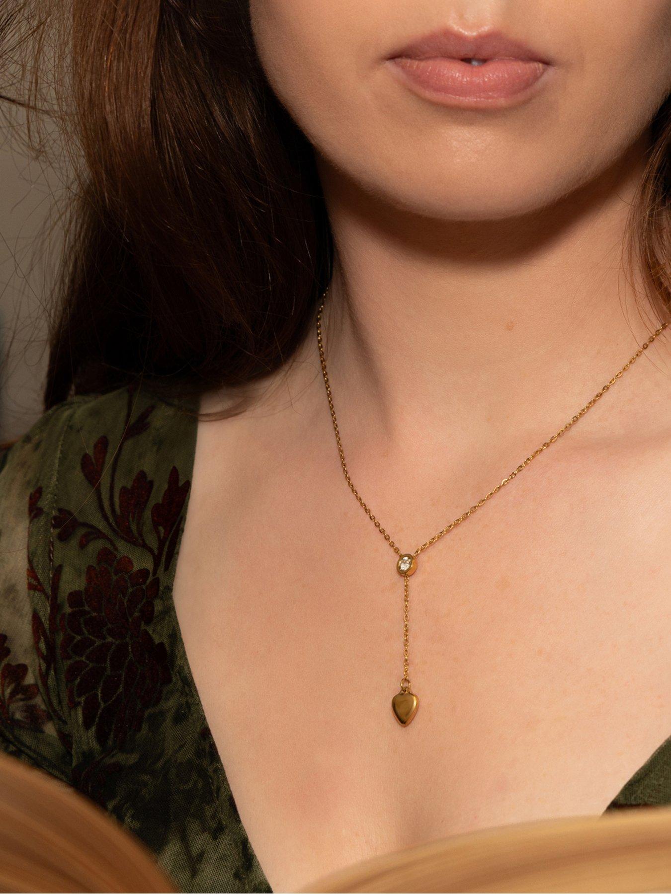 Image 2 of 7 of The Love Collection Gold Plated Stainless Steel Mother of Pearl and CZ Lariat Heart Necklace Set