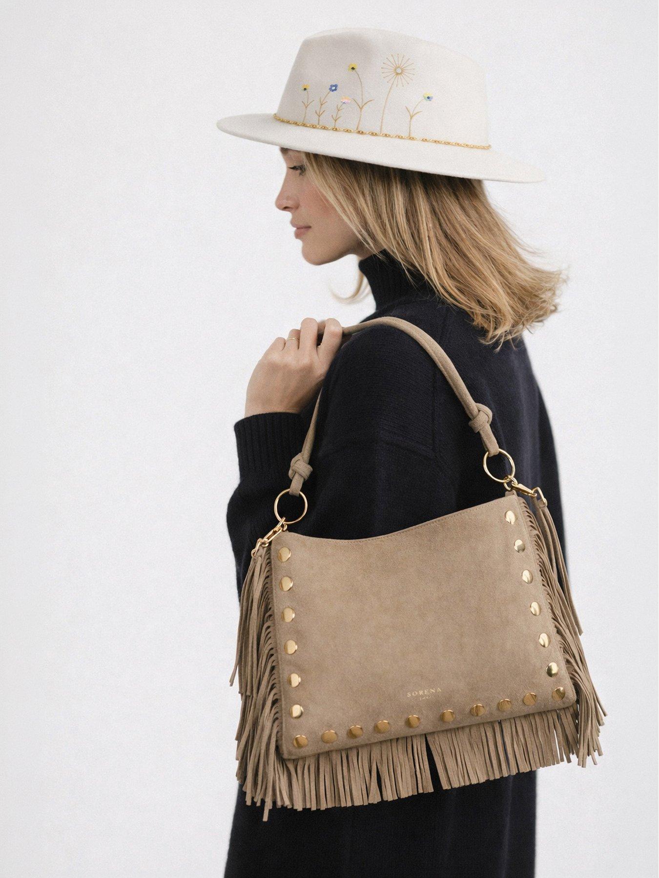 Image 2 of 5 of Sorena Simona Suede Beize Crossbody Bag - Beige