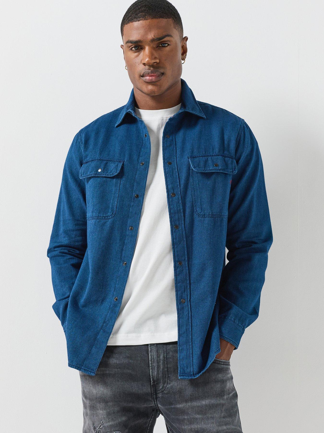 Image 1 of 6 of Replay Mens Regular Fit Snap-Button Denim Shirt - Blue