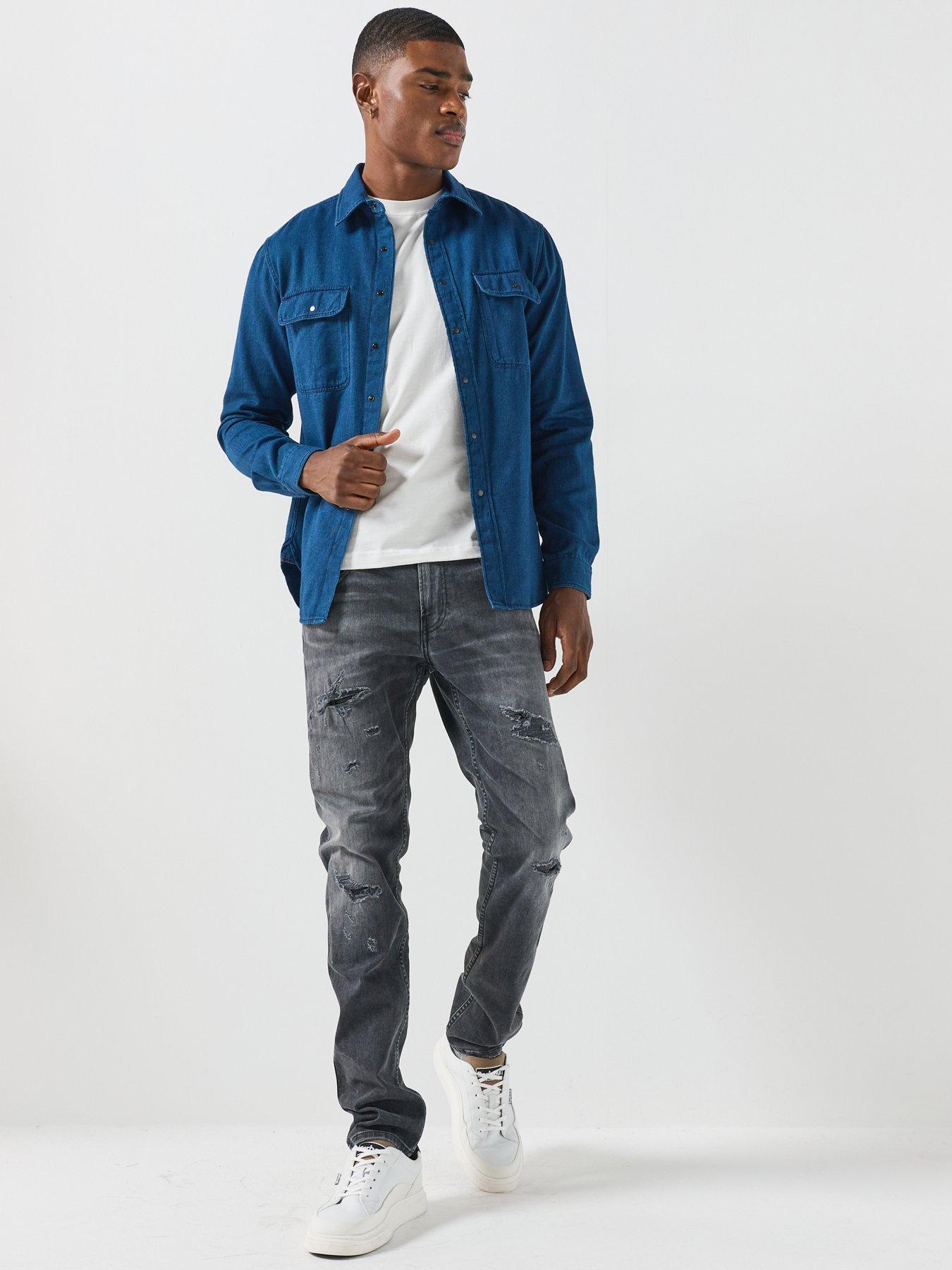 Image 3 of 6 of Replay Mens Regular Fit Snap-Button Denim Shirt - Blue