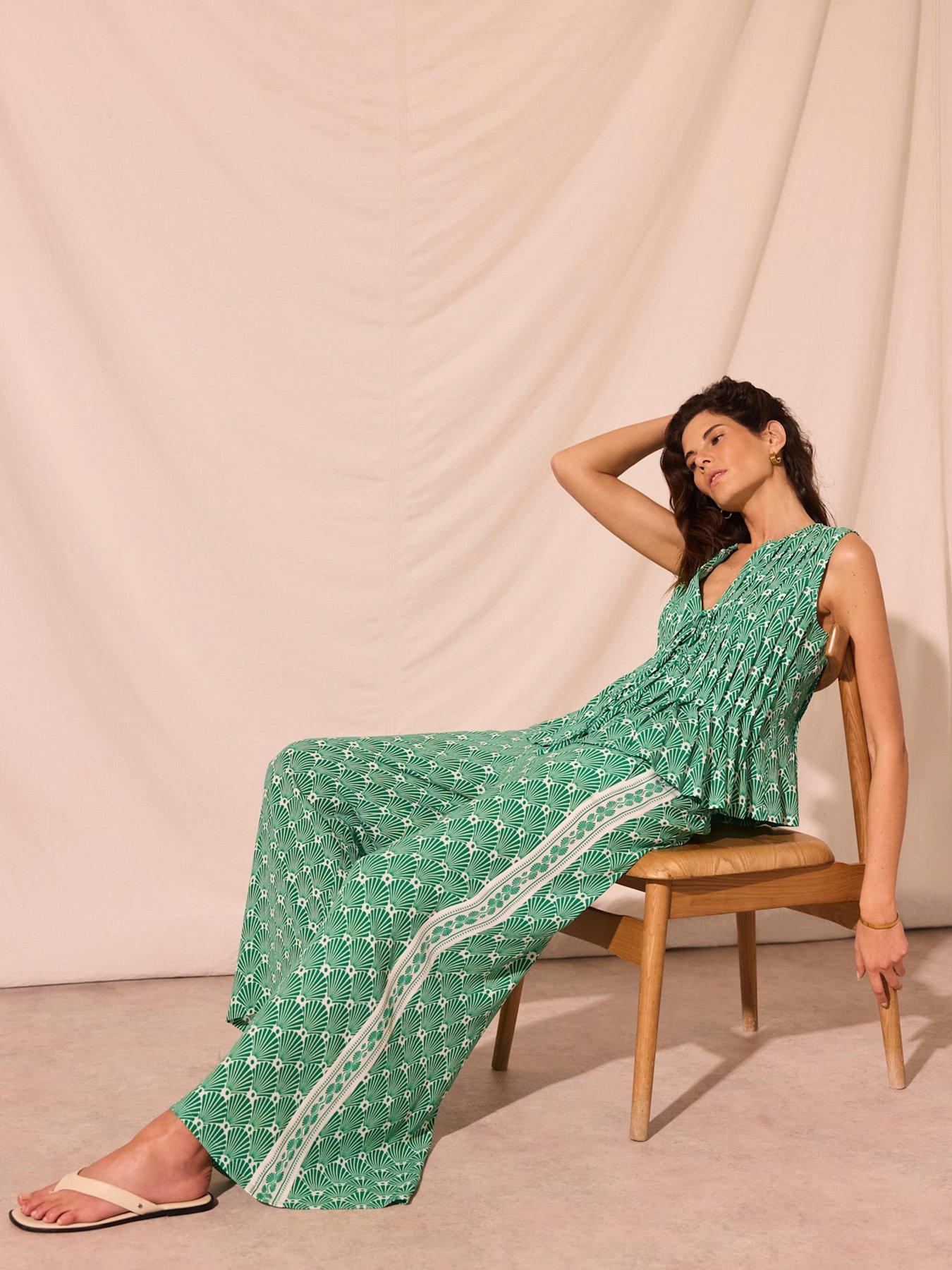 Image 2 of 6 of Mint Velvet Fan Print Wide Leg Trousers - Green