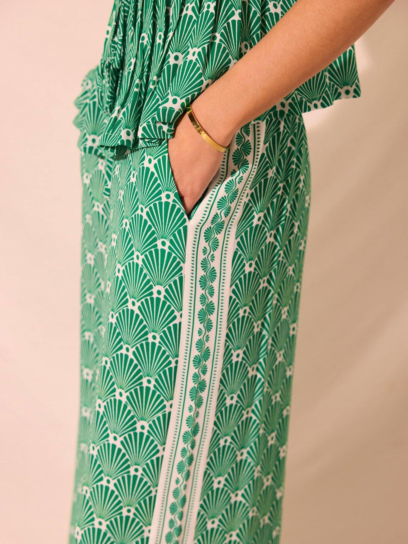 Image 3 of 6 of Mint Velvet Fan Print Wide Leg Trousers - Green