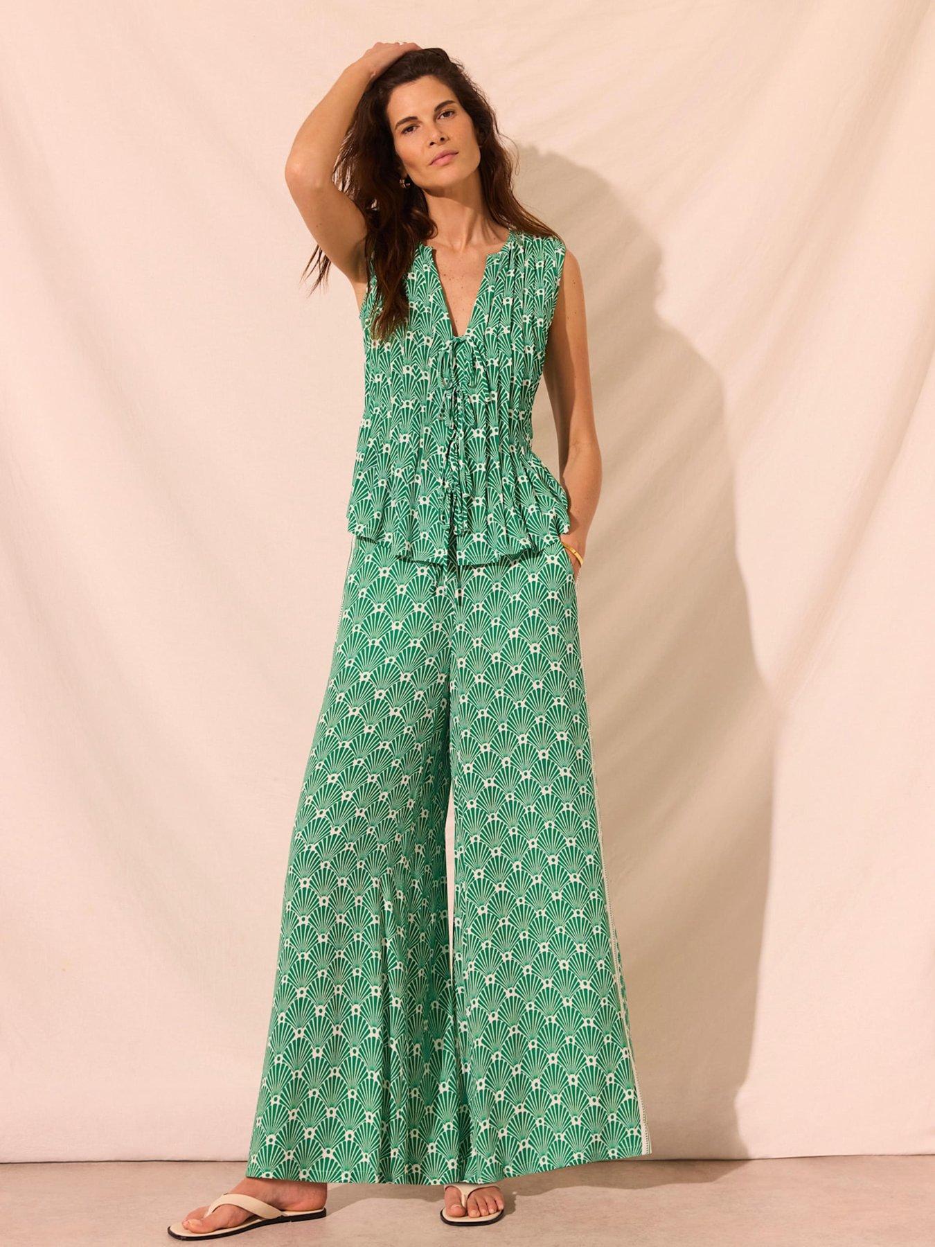 Image 4 of 6 of Mint Velvet Fan Print Wide Leg Trousers - Green
