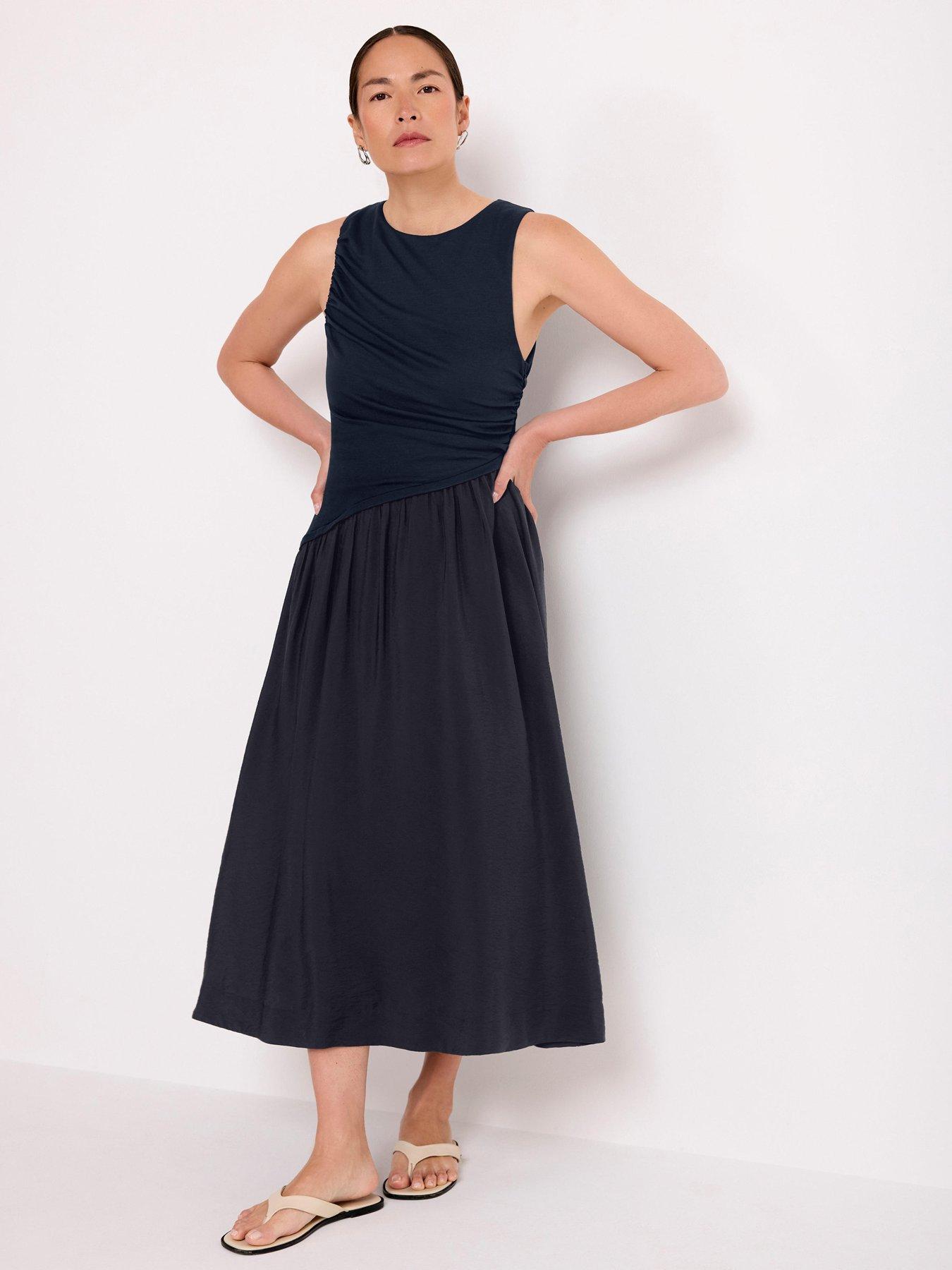 Image 1 of 6 of Mint Velvet Navy Asymmetric Waist Midi Dress - Blue