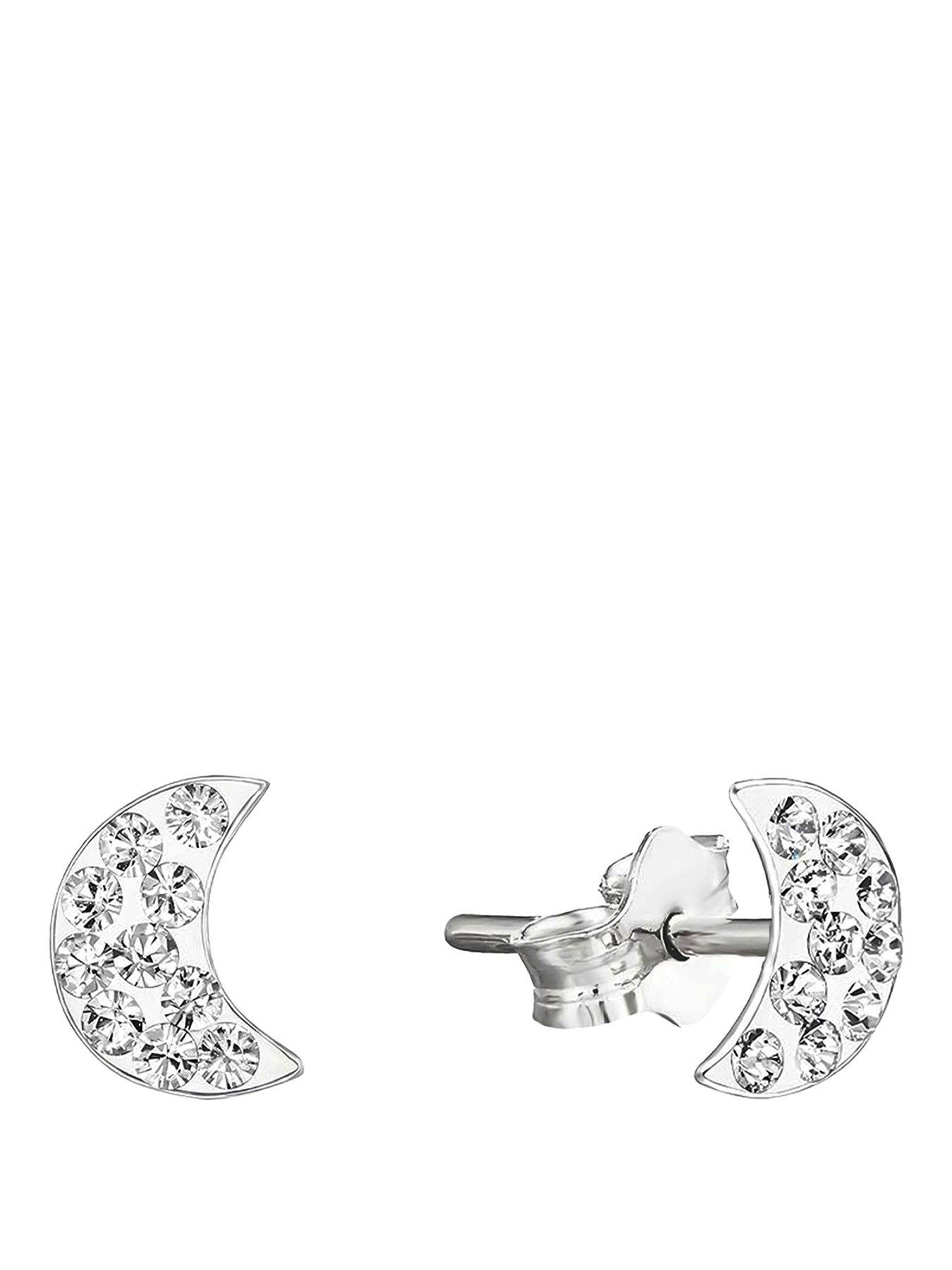 The Love Collection Sterling Silver Tiny Moon Crystal Studs