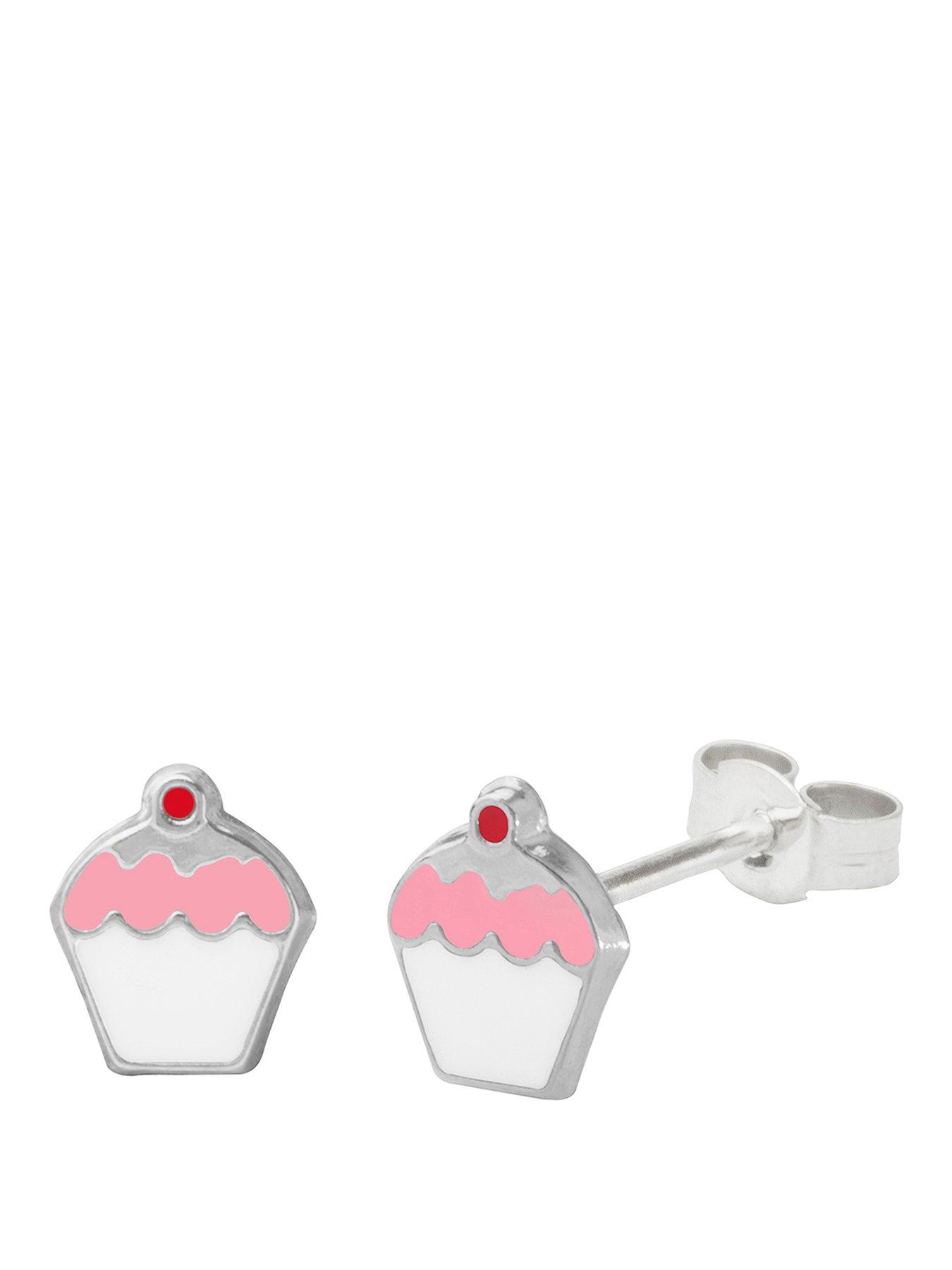 Image 1 of 6 of The Love Collection Womens Enamel Cupcake Novelty Box Stud Earrings - Silver